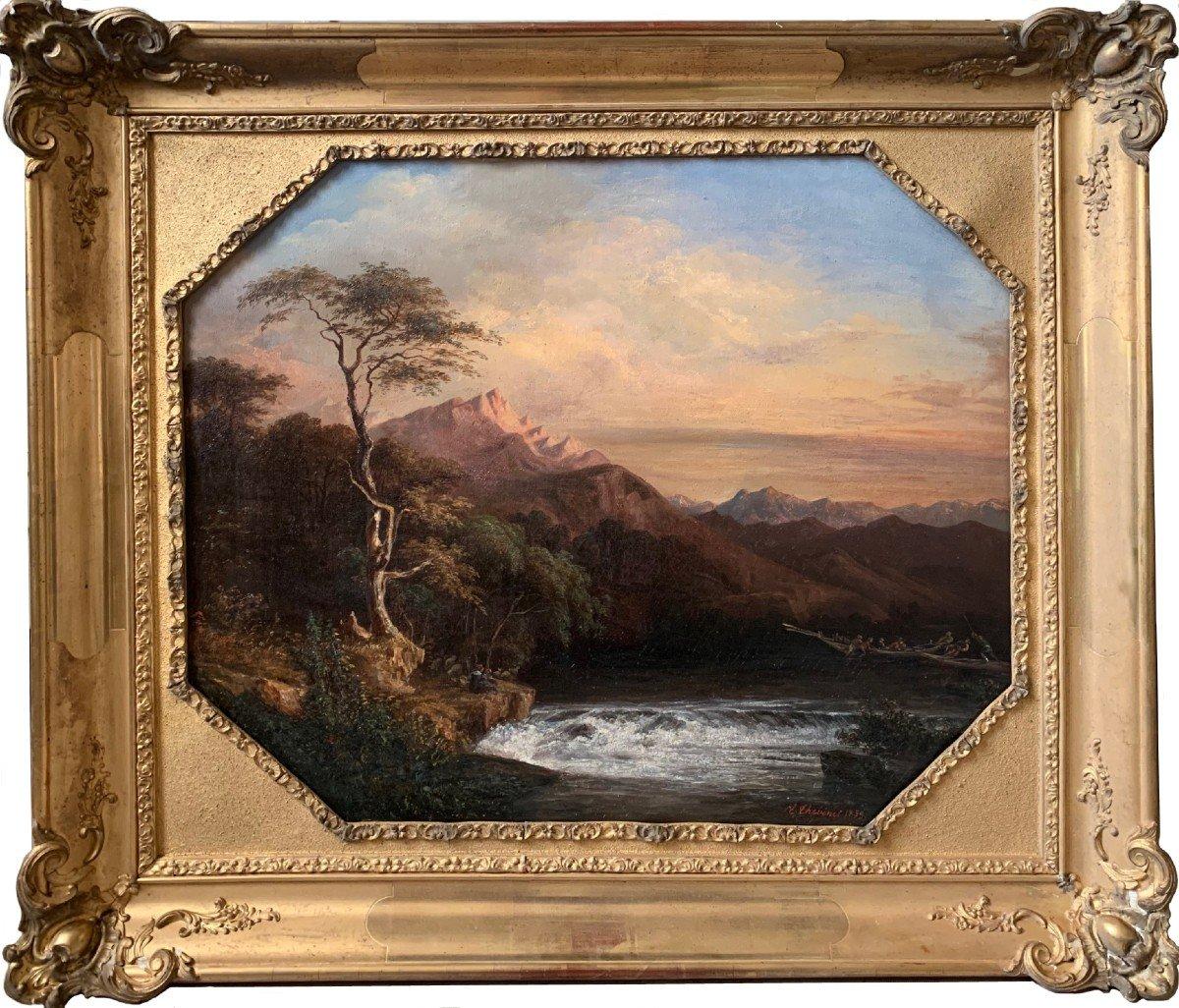Paysage fluvial animé E Thevenet 1853 Huile sur toile XIXe siècle Dim sans cadre 61/50 cm Dim avec cadre 80/69 cm Ecole française Signé bas droite E Thevenet 1853 Très belle lumière pour ce beau couché de soleil sur un paysage montagneux. Un