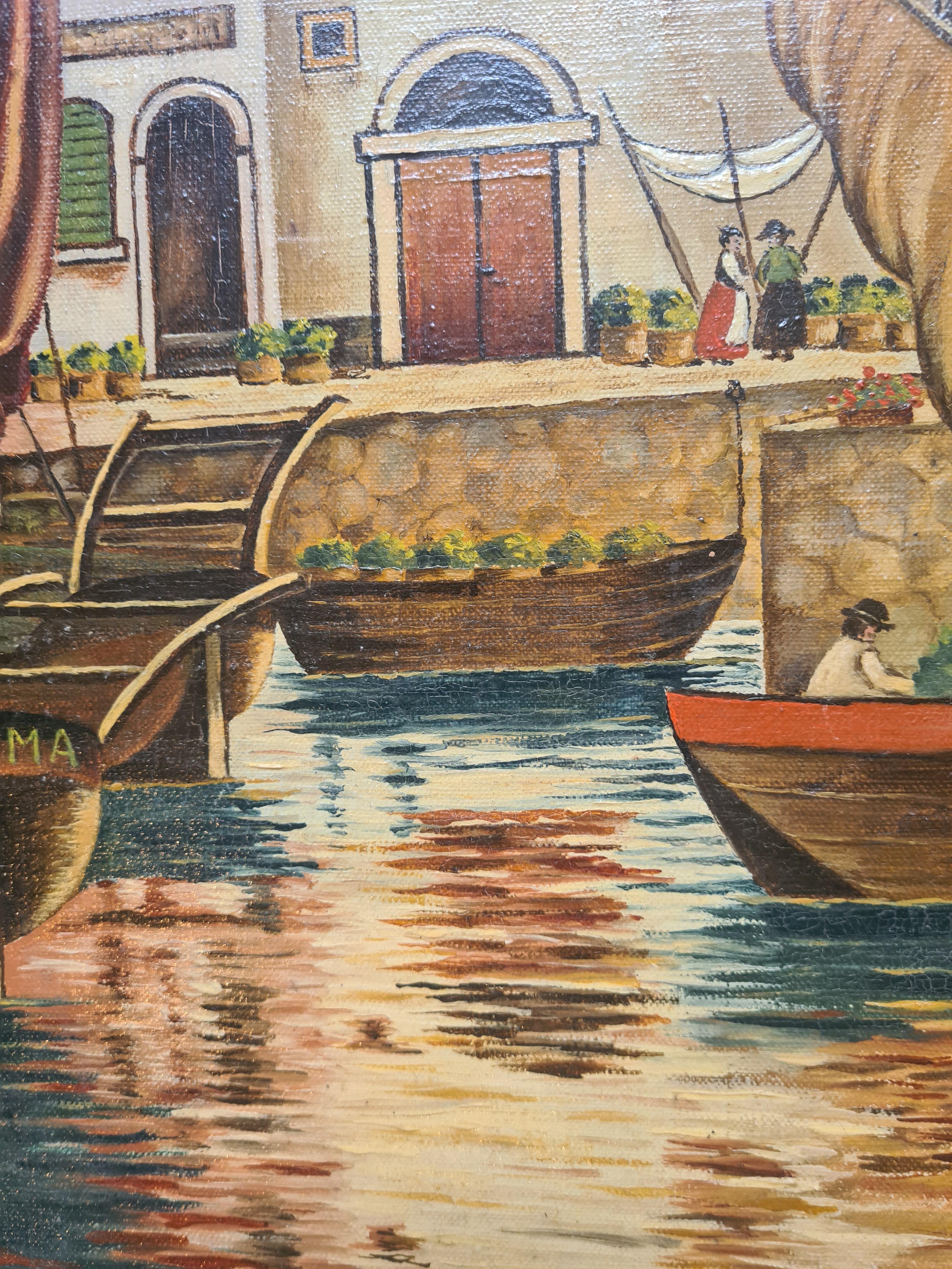 Óleo sobre lienzo a gran escala manierista de mediados del siglo XX, Barcos en el puerto en venta 5