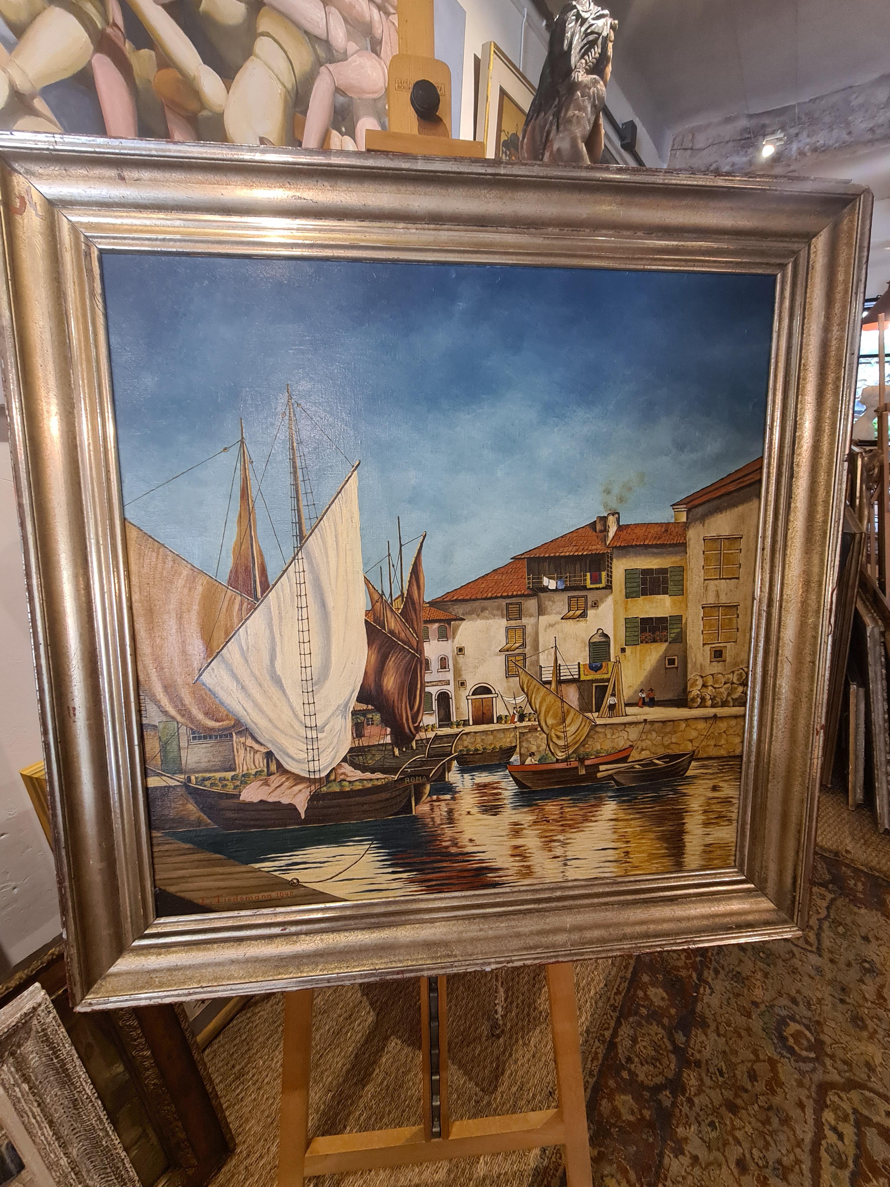 Óleo sobre lienzo a gran escala manierista de mediados del siglo XX, Barcos en el puerto en venta 11