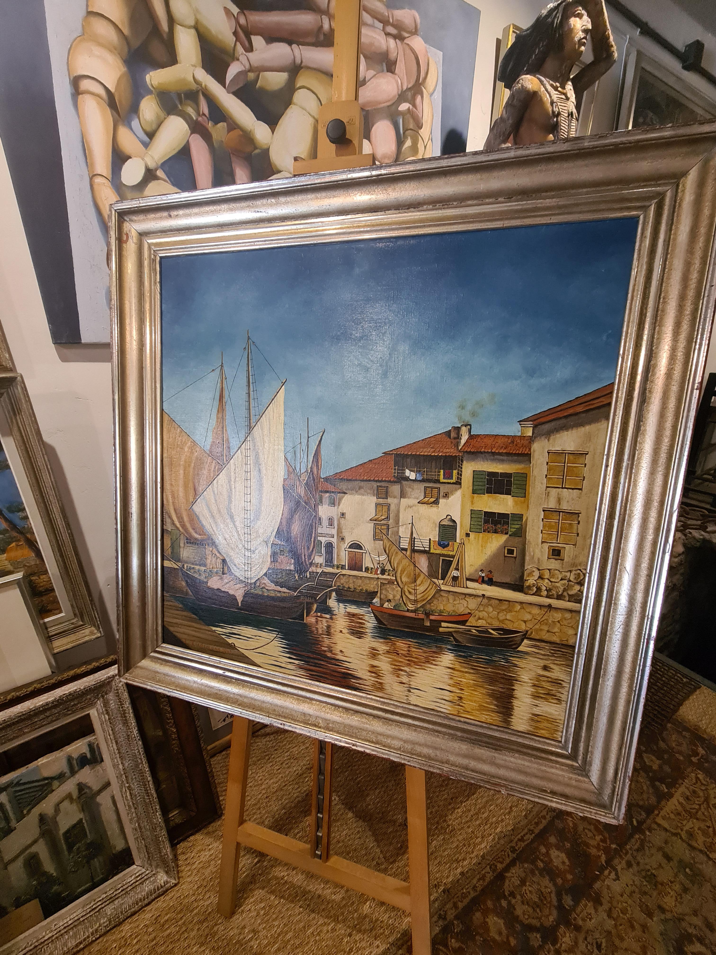Óleo sobre lienzo a gran escala manierista de mediados del siglo XX, Barcos en el puerto en venta 12