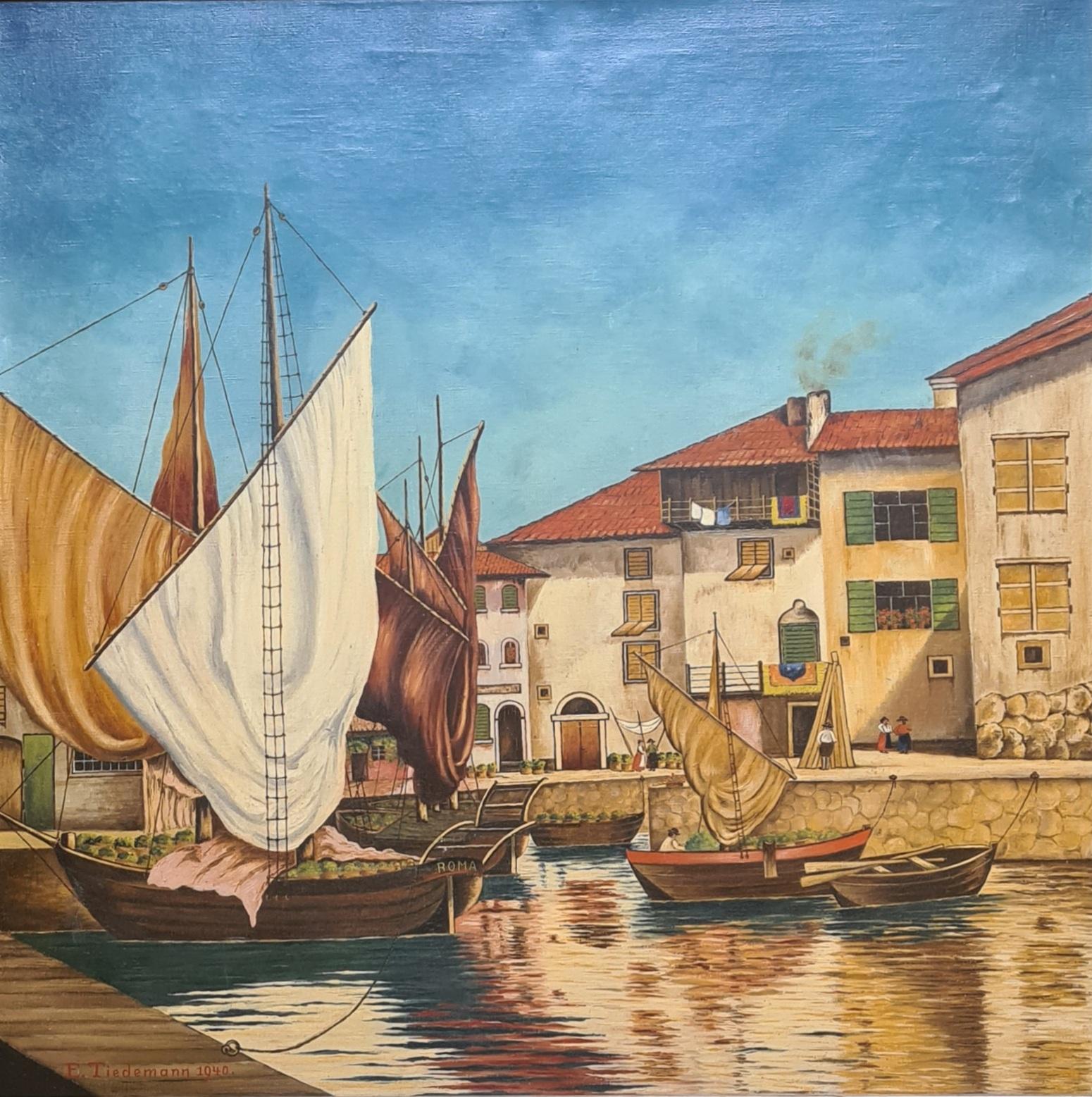 Óleo sobre lienzo a gran escala manierista de mediados del siglo XX, Barcos en el puerto - Painting de E Tiedemann