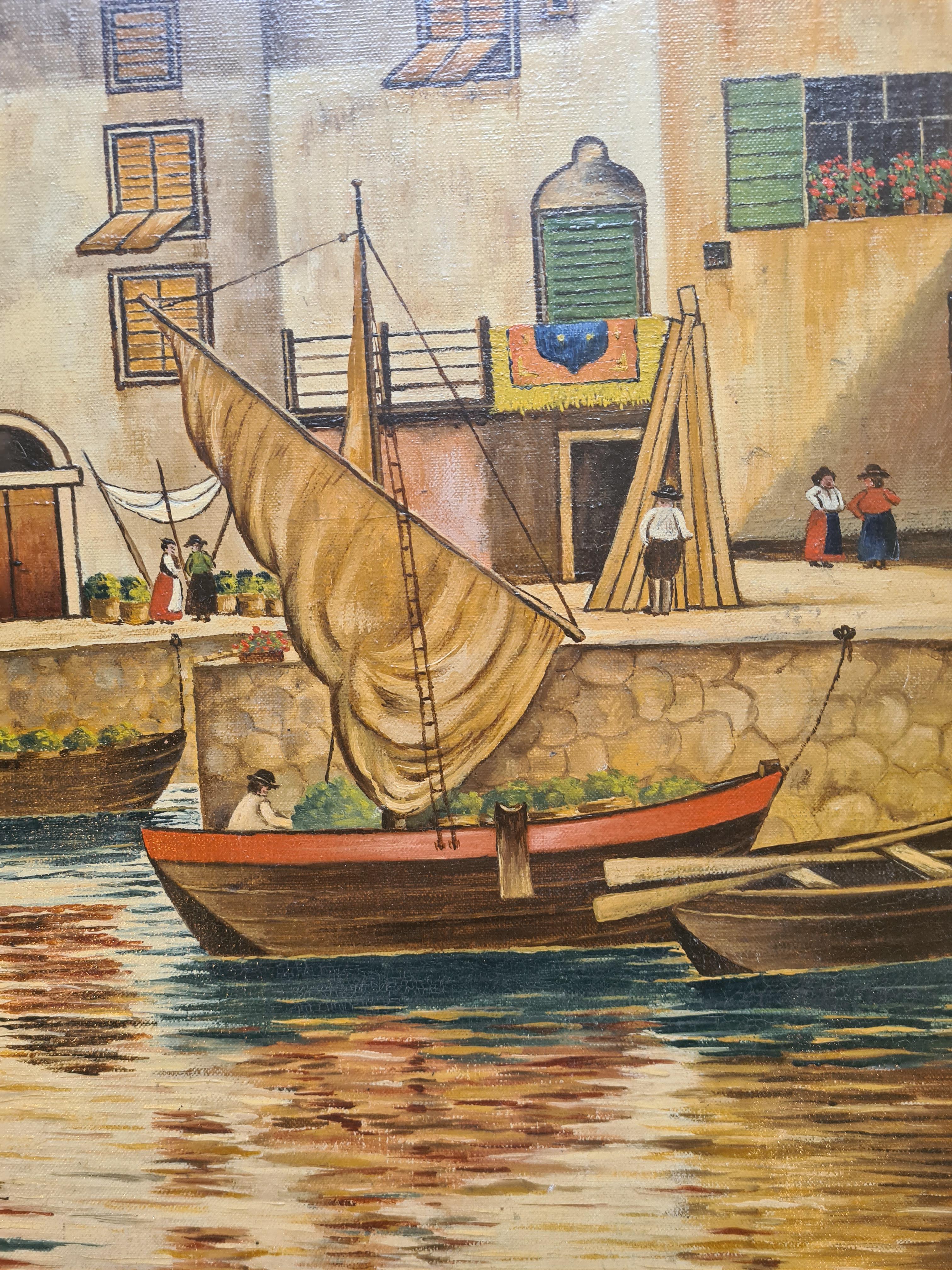 Óleo sobre lienzo a gran escala manierista de mediados del siglo XX, Barcos en el puerto - Figurative Painting Gris de E Tiedemann