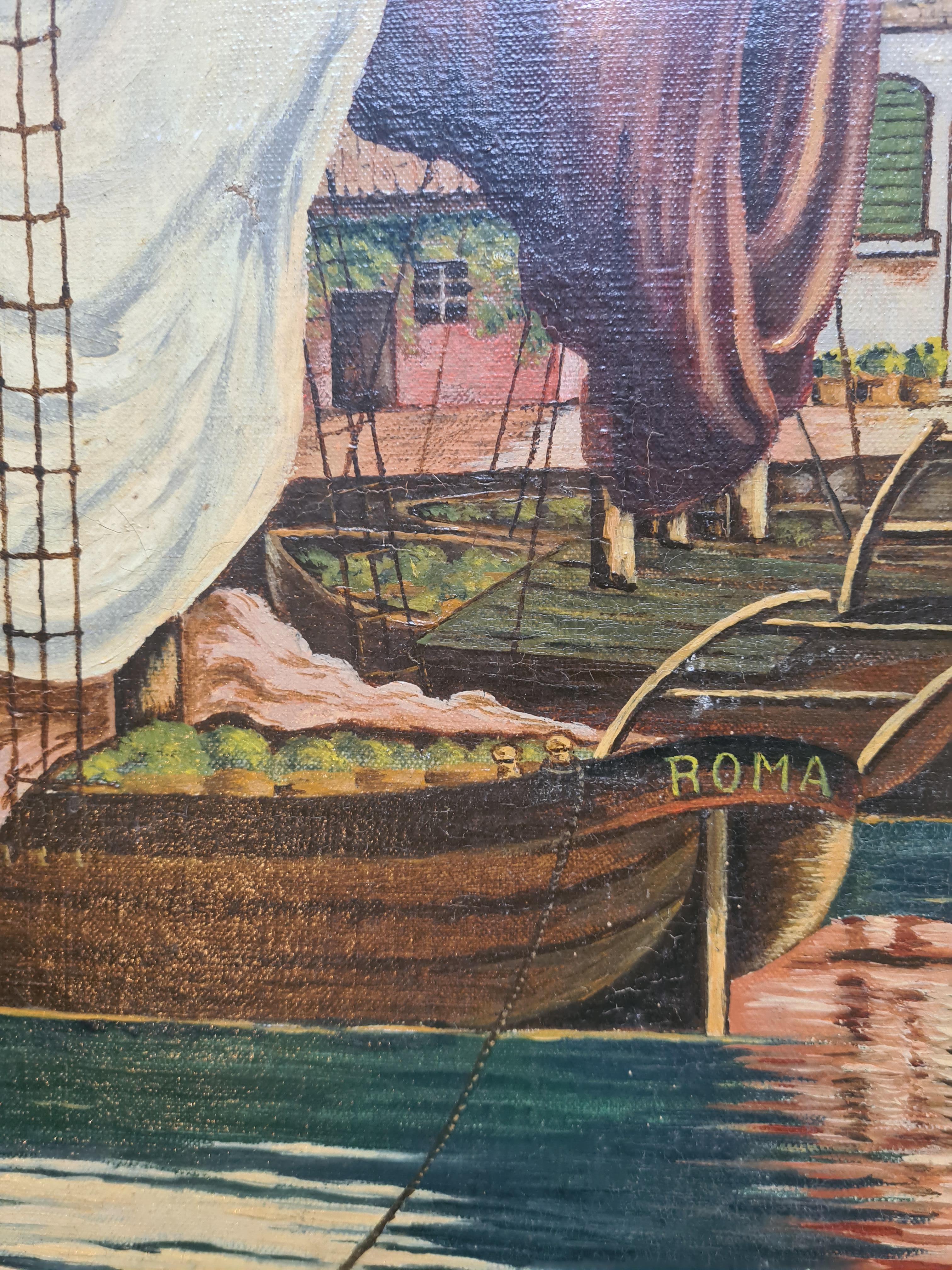 Óleo sobre lienzo a gran escala manierista de mediados del siglo XX, Barcos en el puerto en venta 3