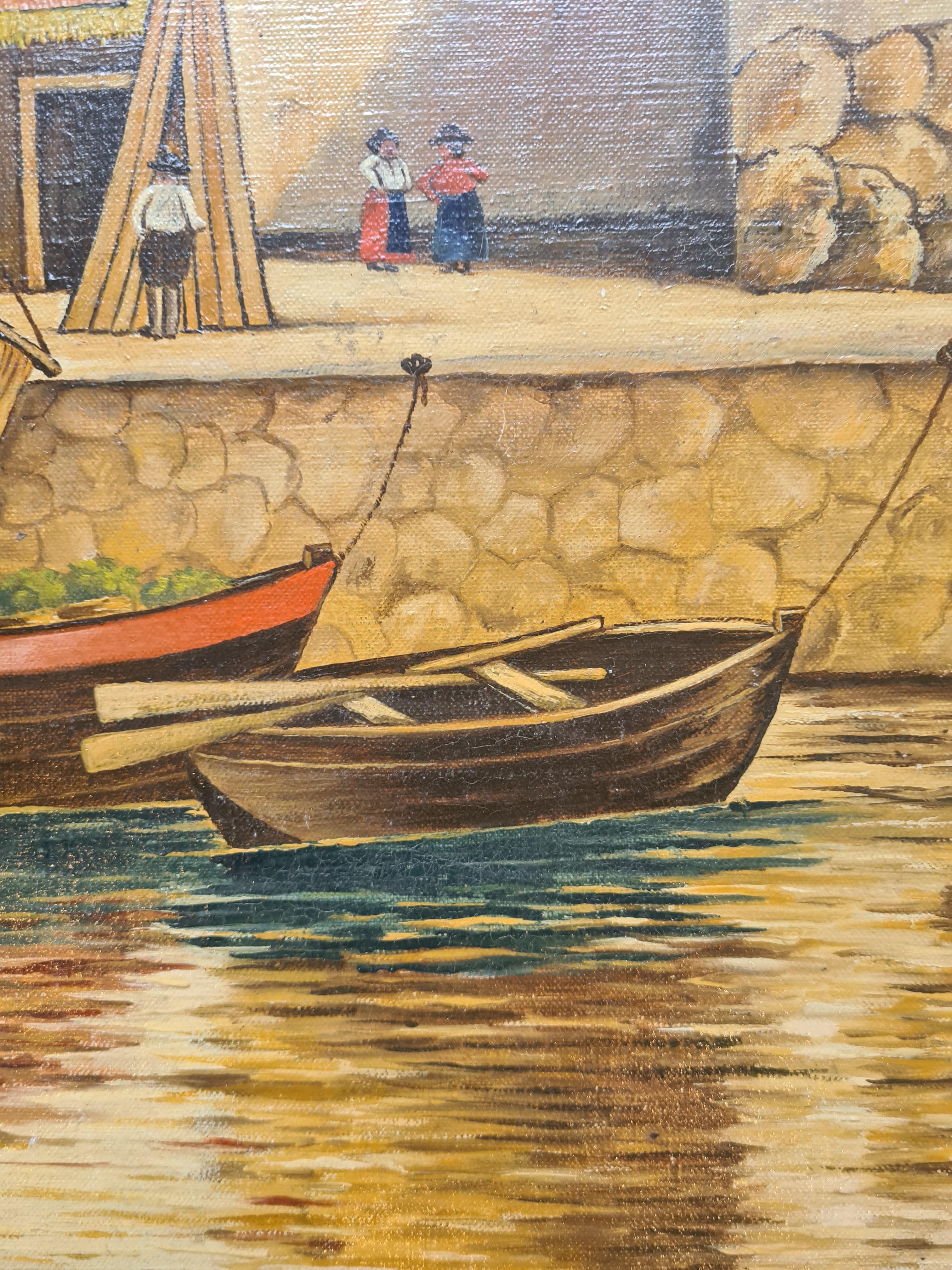 Óleo sobre lienzo a gran escala manierista de mediados del siglo XX, Barcos en el puerto en venta 4