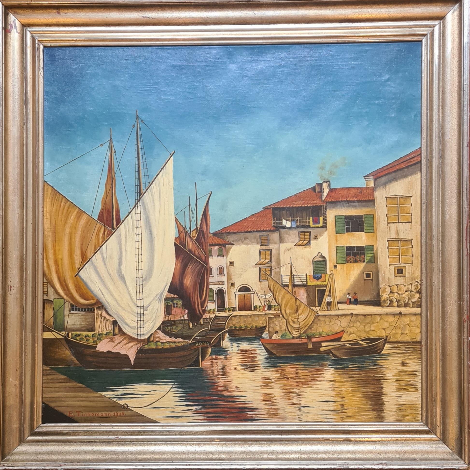 Manneristisches großformatiges Ölgemälde auf Leinwand, Boote im Hafen, Mitte des 20. Jahrhunderts