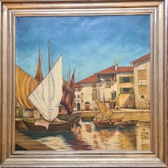Vintage Mid 20th Century Mannerist Large Scale Oil on Canvas, Boats in the Port