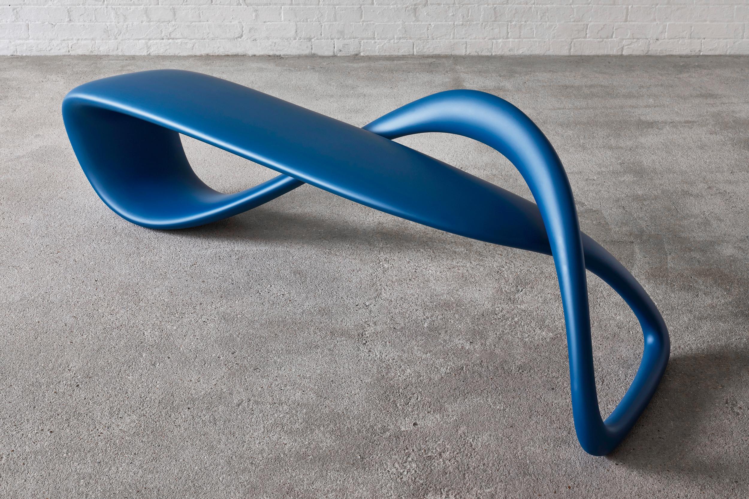 Minimalist E-Turn, Lacquered Fibreglass Sculptural Bench Seat in Blue by Brodie Neill For Sale