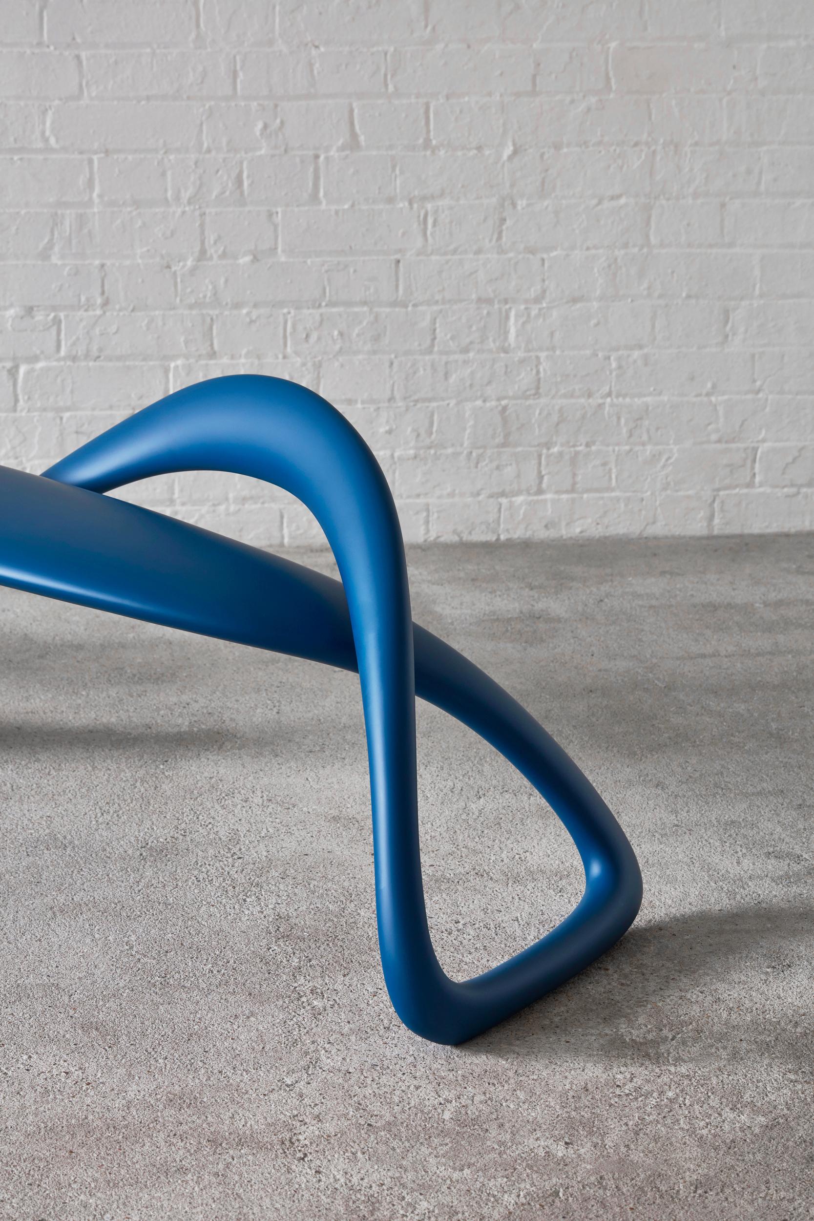 Minimalist E-Turn, Lacquered Fibreglass Sculptural Bench Seat in Blue by Brodie Neill For Sale