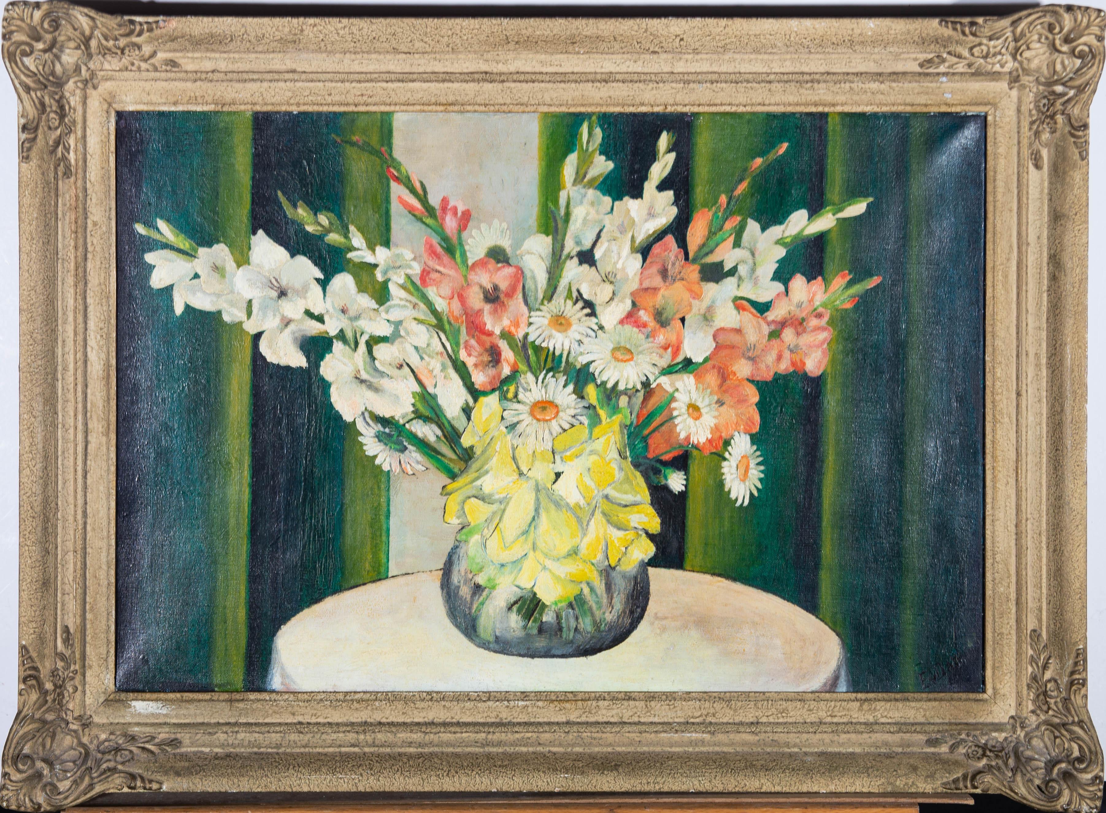 A bright and jolly mid Century Dutch School still life of gladioli and daisies against a zingy green backdrop. The artist has signed to the lower right and the painting has been presented in a mid Century frame with foliate corners. There is an