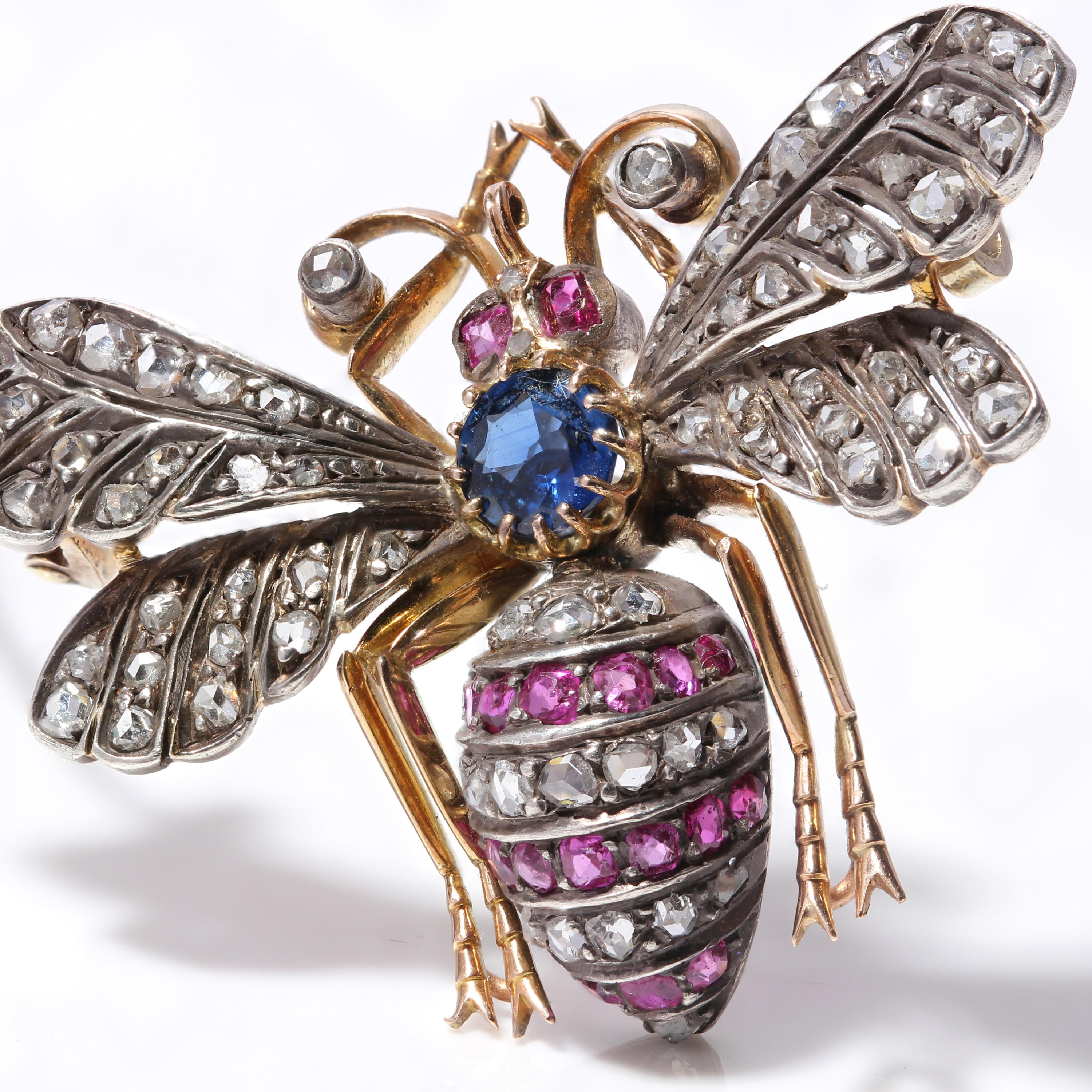 E Victorian 18kt. Yellow Gold and Sterling Silver Insect Brooch, Sapphires, Ruby 7