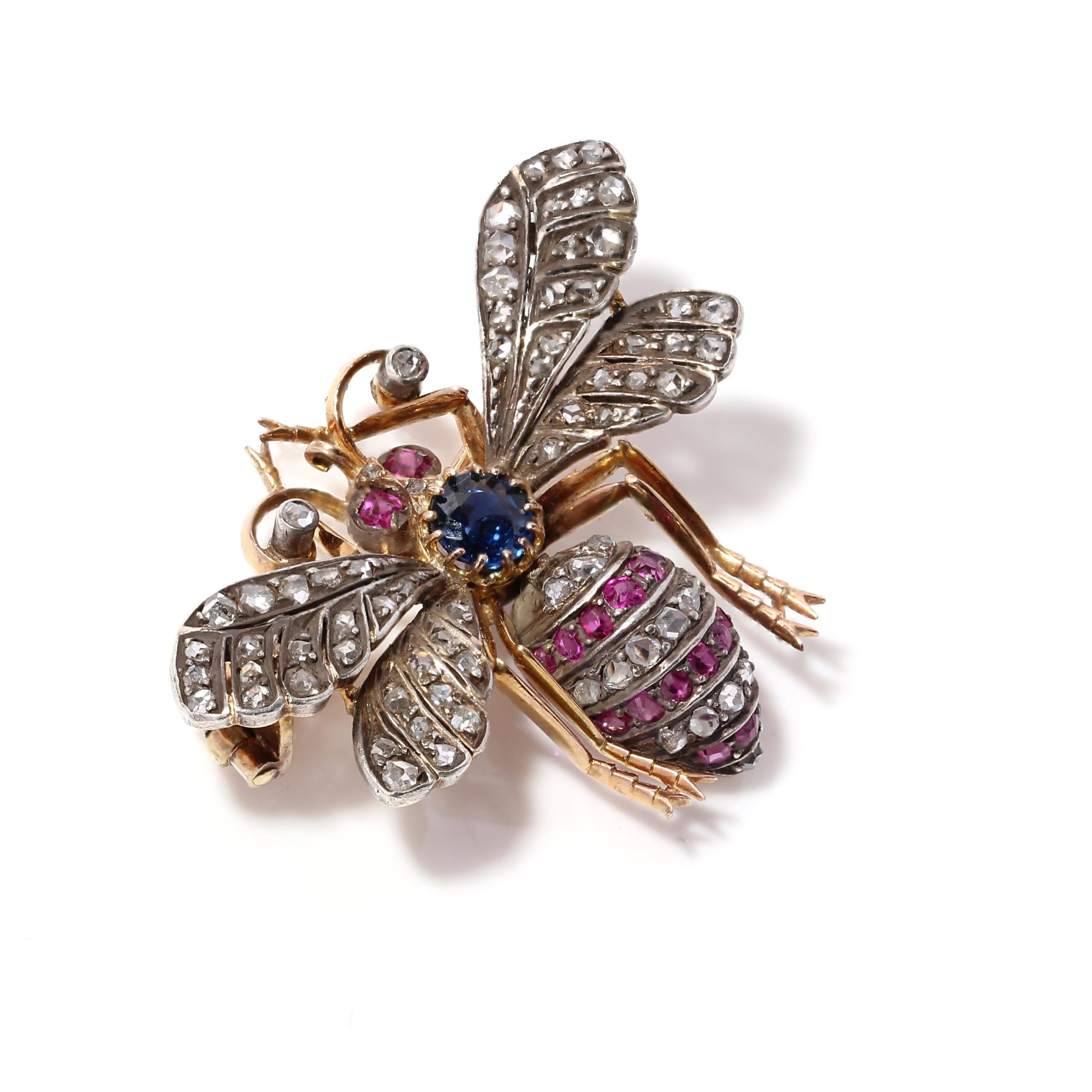 Rose Cut E Victorian 18kt. Yellow Gold and Sterling Silver Insect Brooch, Sapphires, Ruby