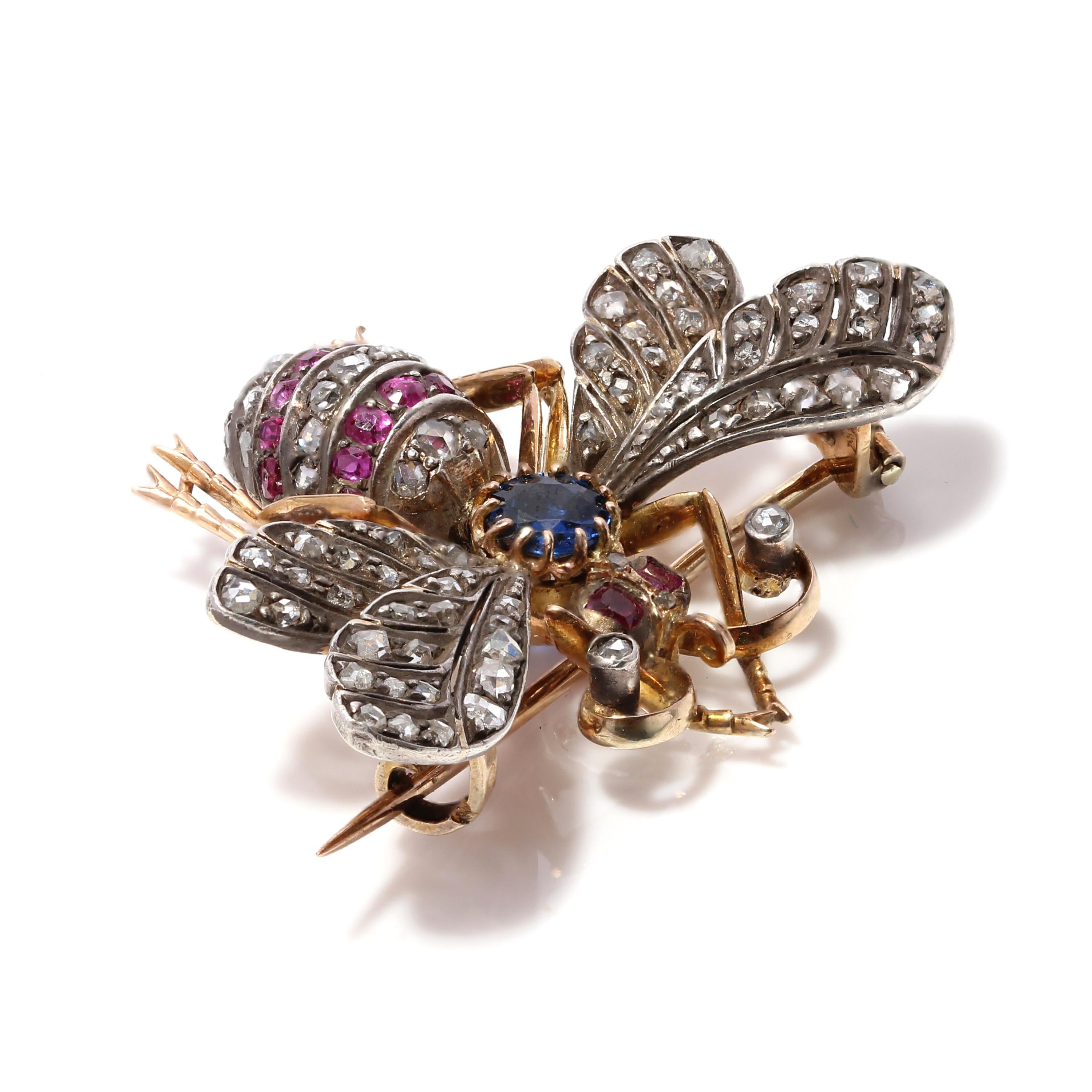 Women's or Men's E Victorian 18kt. Yellow Gold and Sterling Silver Insect Brooch, Sapphires, Ruby