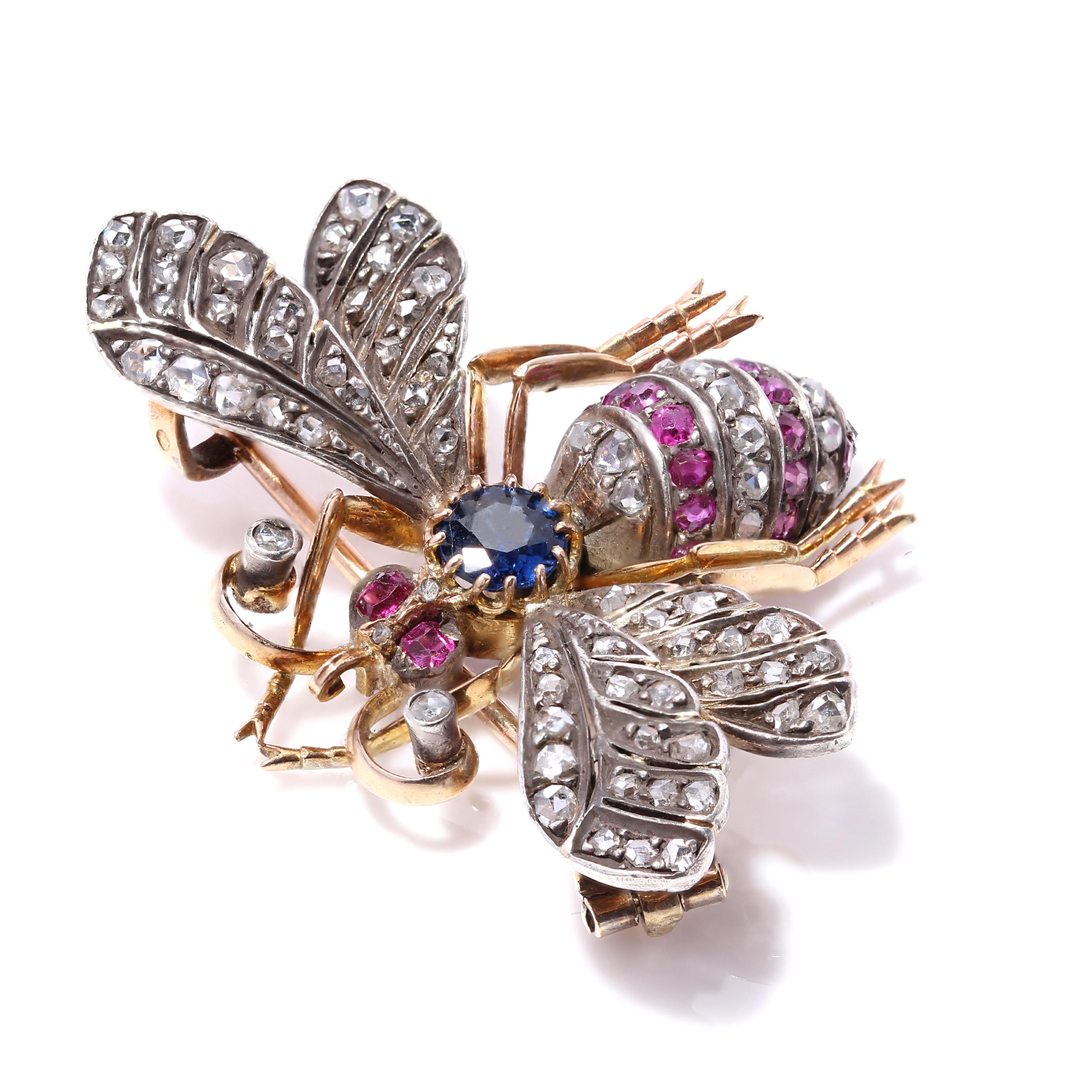 E Victorian 18kt. Yellow Gold and Sterling Silver Insect Brooch, Sapphires, Ruby 1
