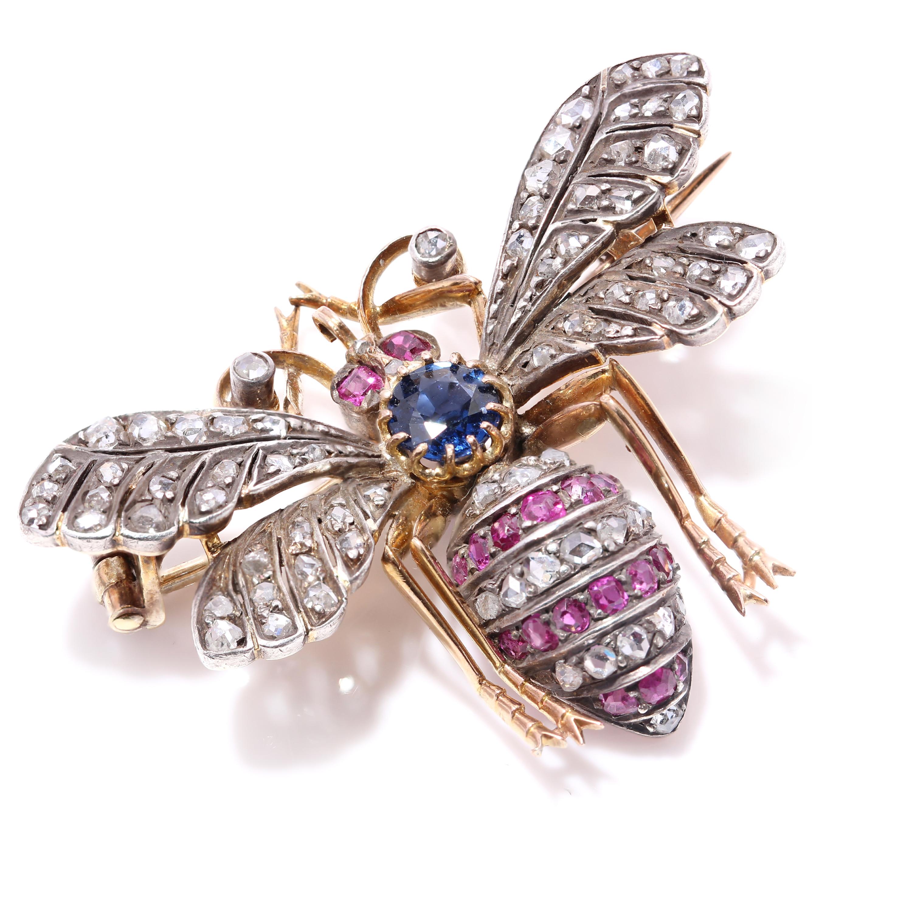 E Victorian 18kt. Yellow Gold and Sterling Silver Insect Brooch, Sapphires, Ruby 2