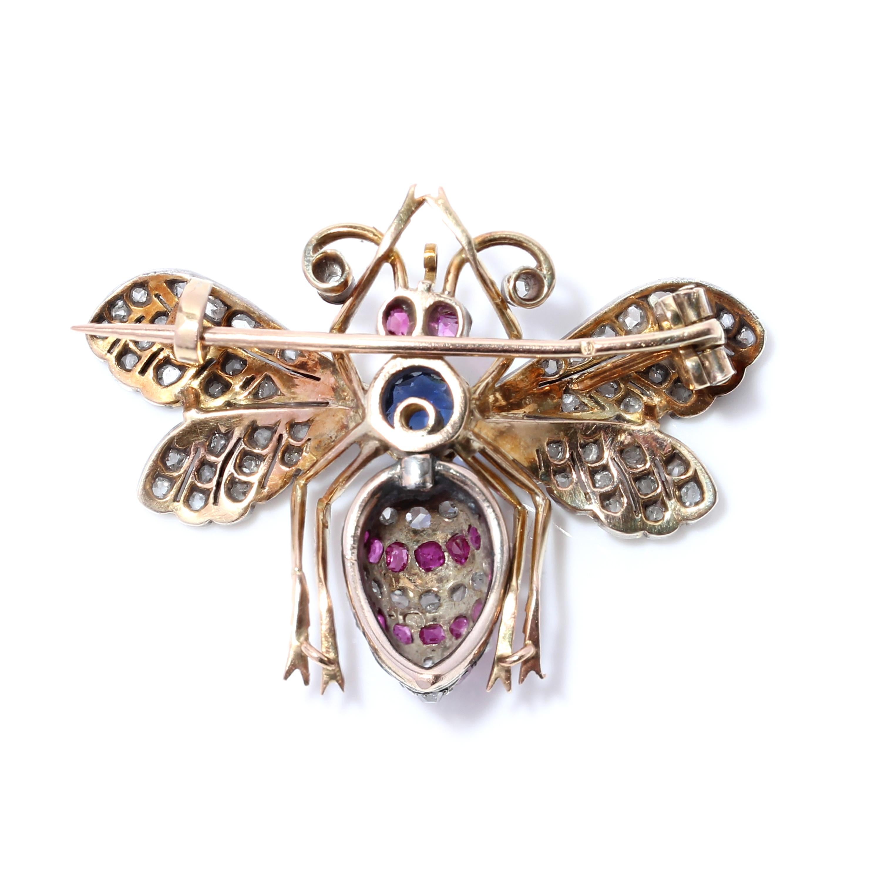 E Victorian 18kt. Yellow Gold and Sterling Silver Insect Brooch, Sapphires, Ruby 3