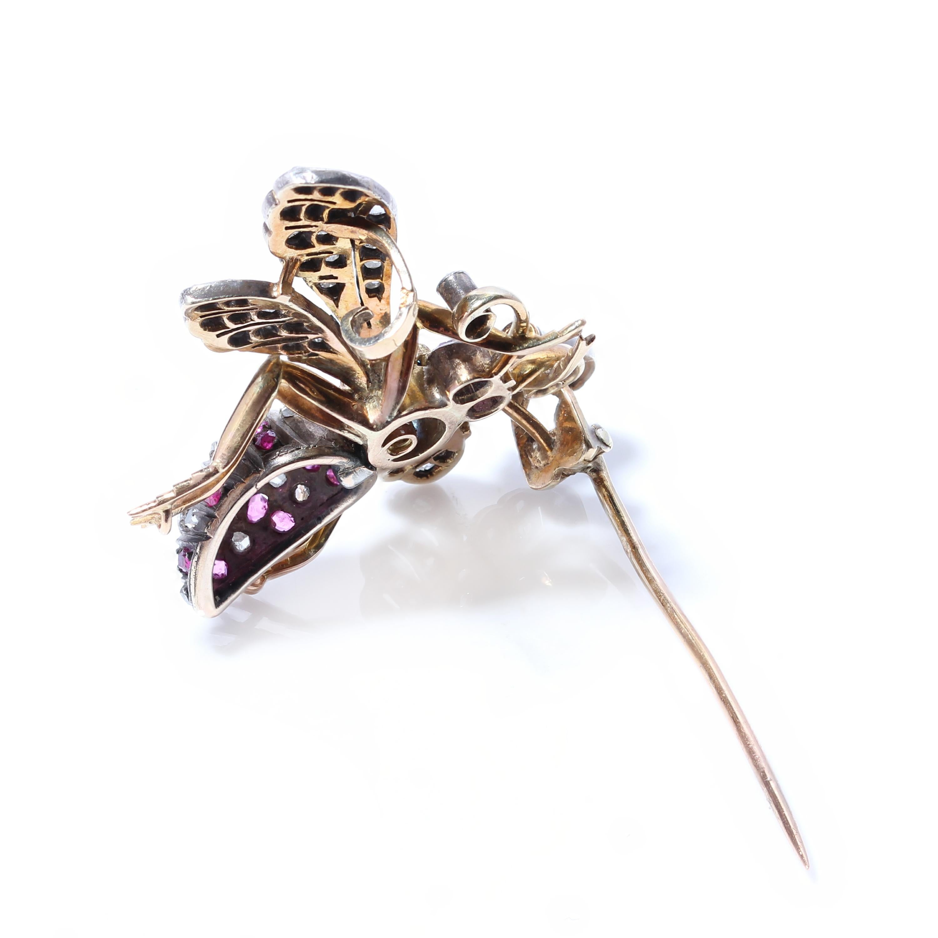 E Victorian 18kt. Yellow Gold and Sterling Silver Insect Brooch, Sapphires, Ruby 4