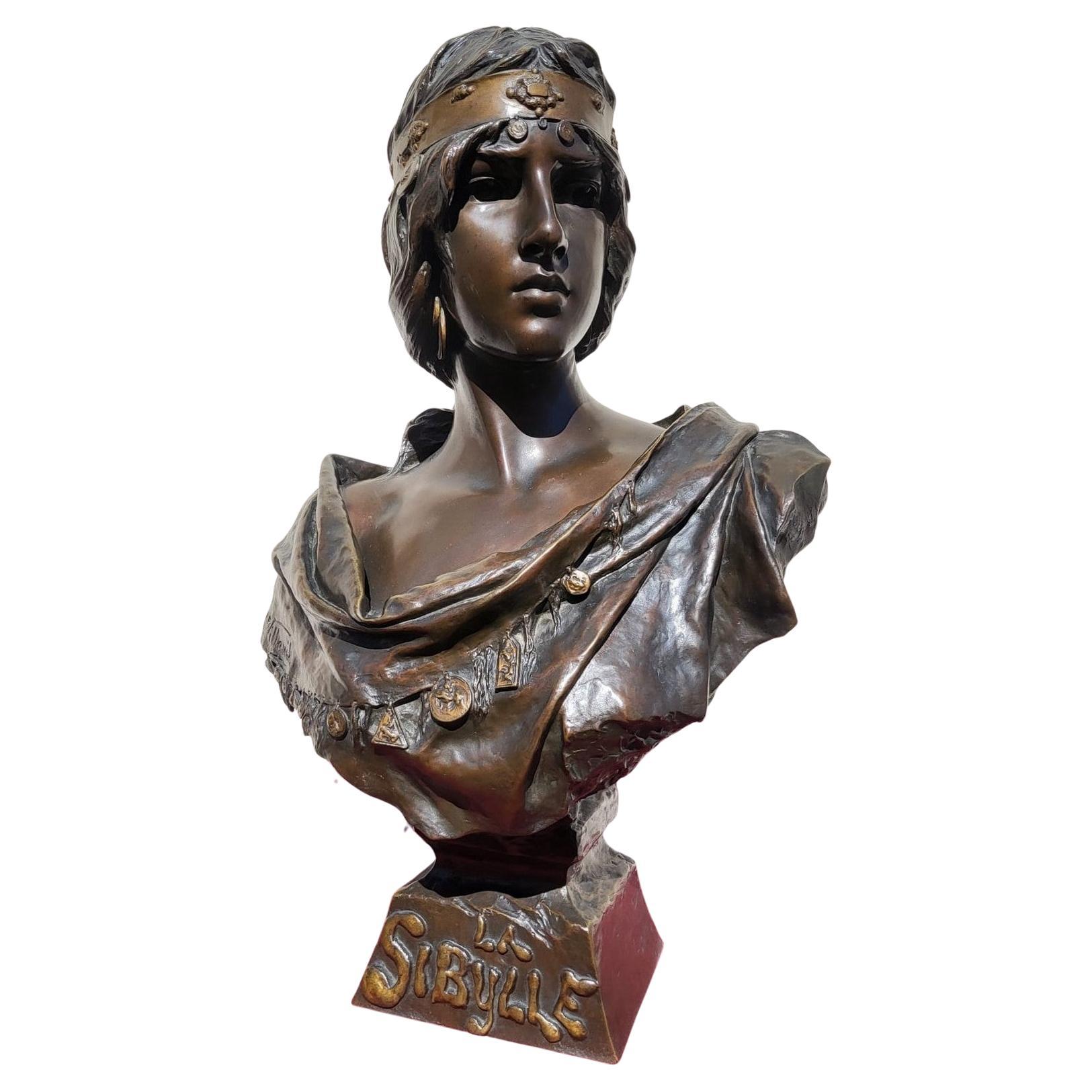 E Villanis, The Sibyl, Bronze Bust, Art Nouveau, Late 19th Early 20th Century For Sale