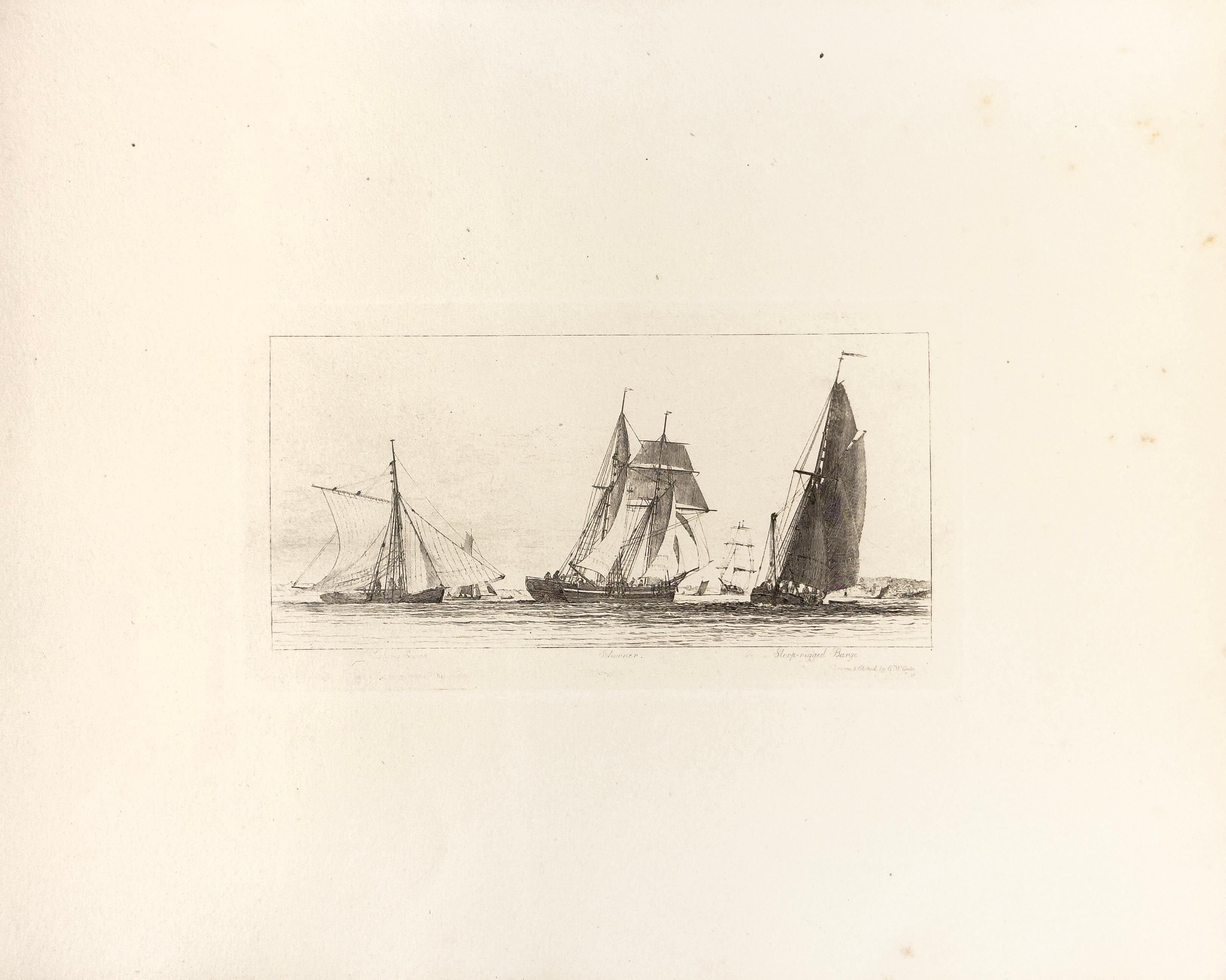 E. W. Cooke Landscape Print - 53: Fishing Smack, Schooner, Sloop-rigged Barge