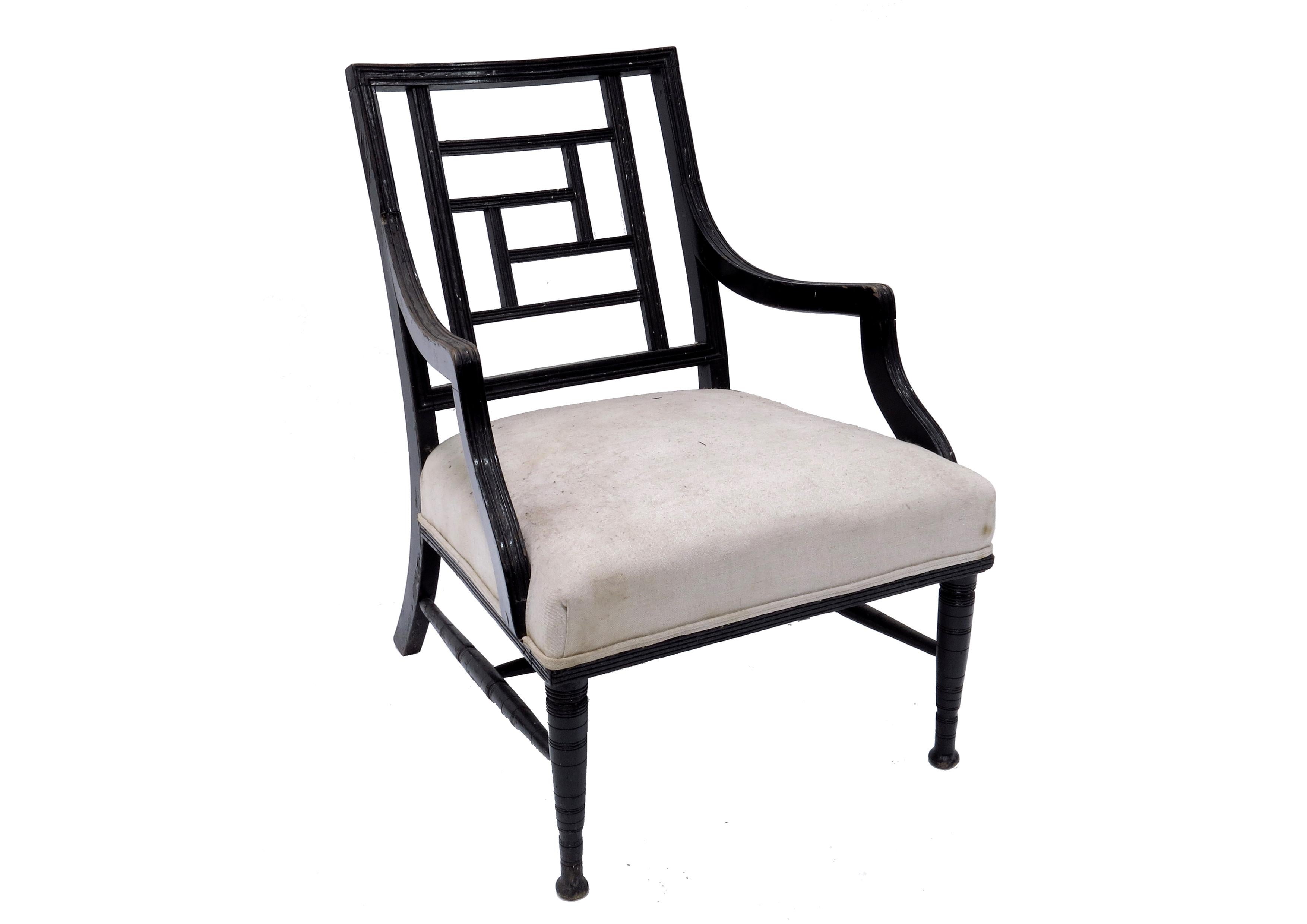 British Victorian Designer E W Godwin Aesthetic Movement Jappaned Low Elbow ArmChair For Sale