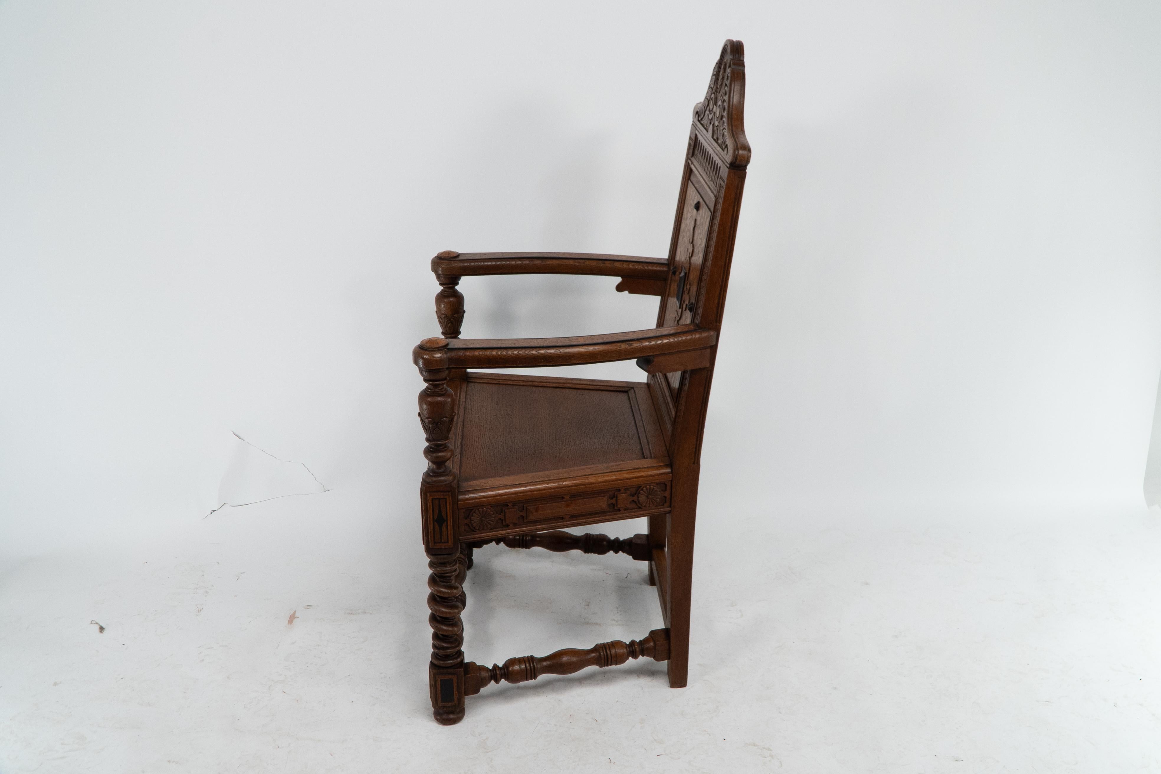 E W Godwin. An Aesthetic Movement Shakespeare armchair with marquetry decoration In Good Condition For Sale In London, GB