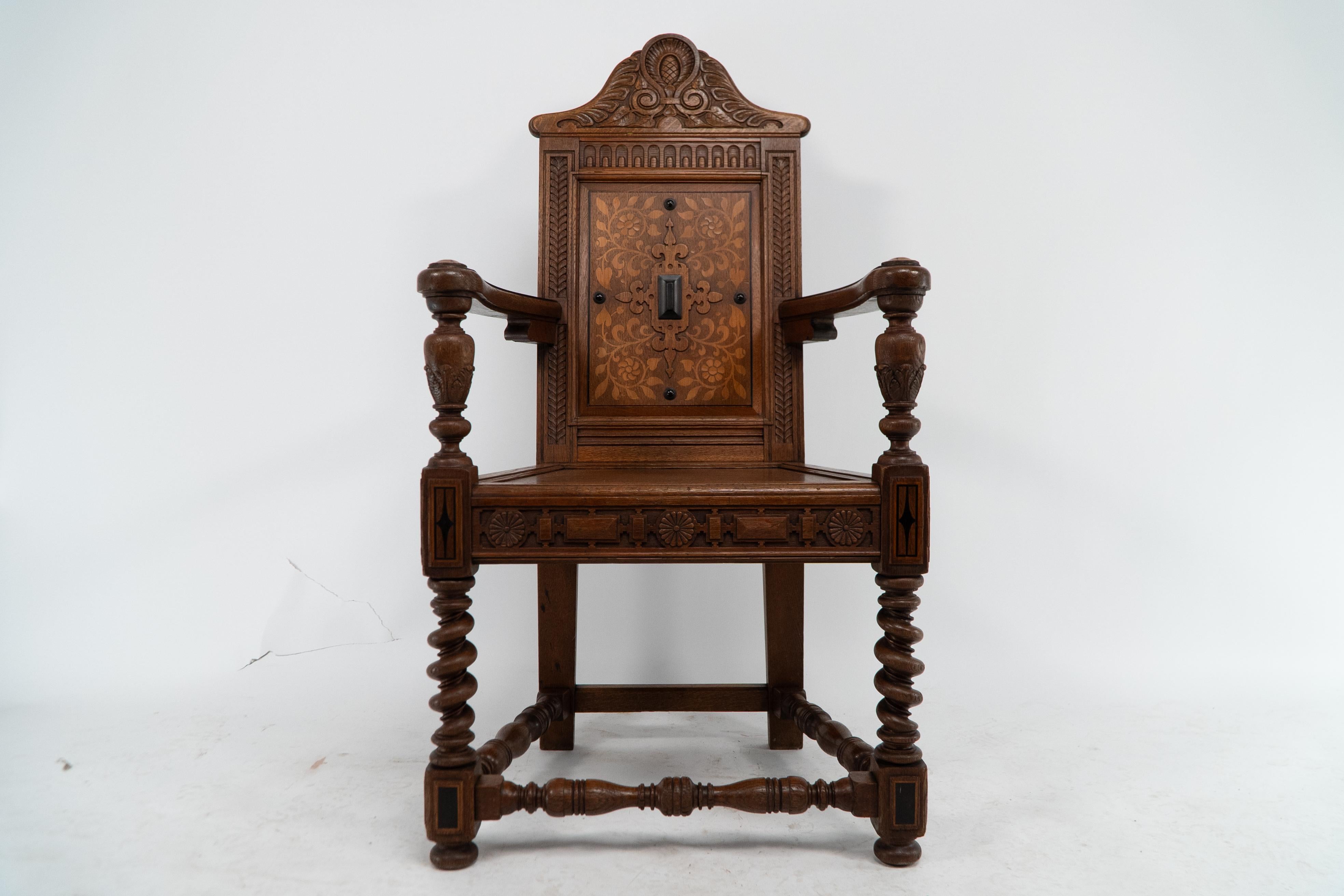 English E W Godwin. An Aesthetic Movement Shakespeare armchair with marquetry decoration For Sale