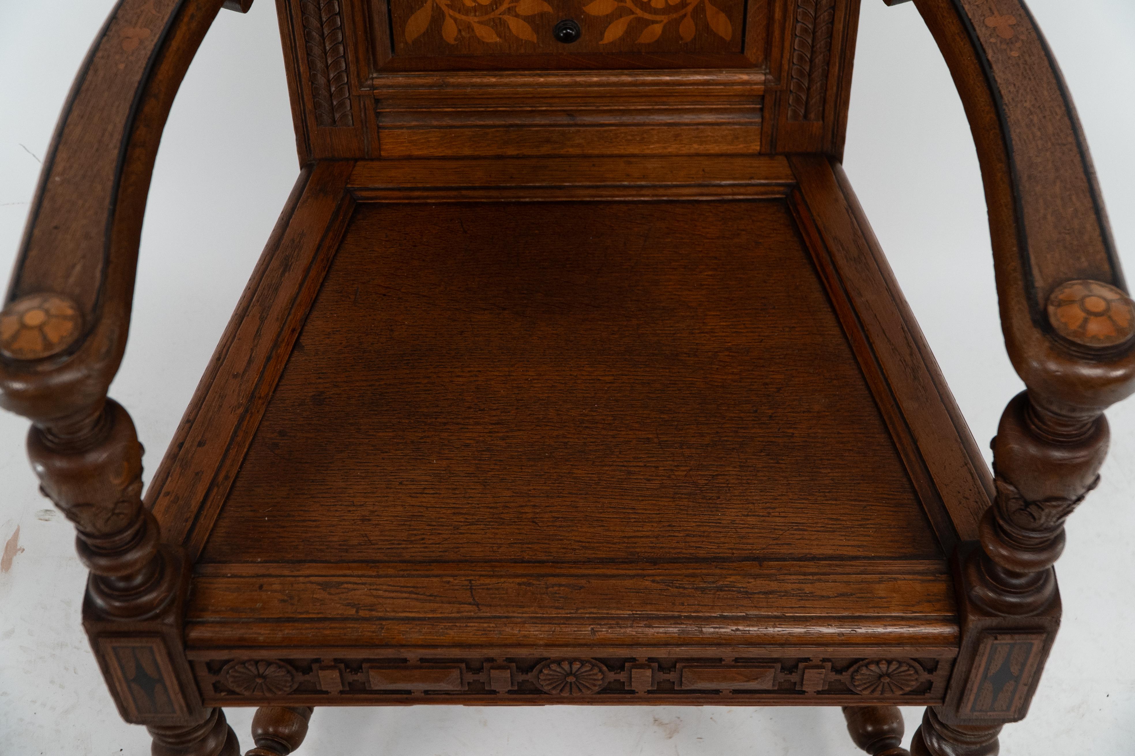 E W Godwin. An Aesthetic Movement Shakespeare armchair with marquetry decoration For Sale 3