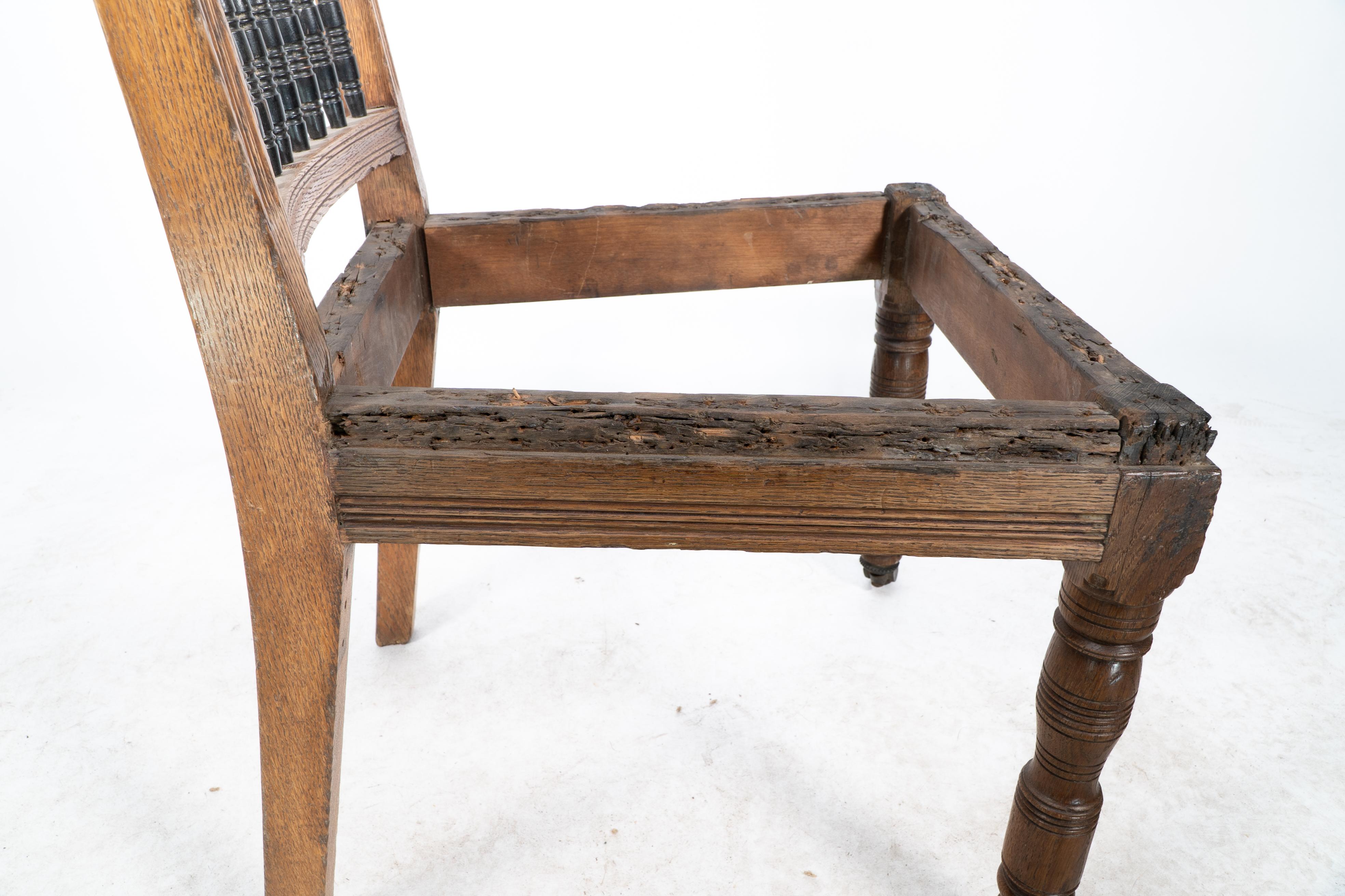 E W Godwin attr. A pair of Aesthetic Movement oak dining chairs ready upholstery For Sale 5