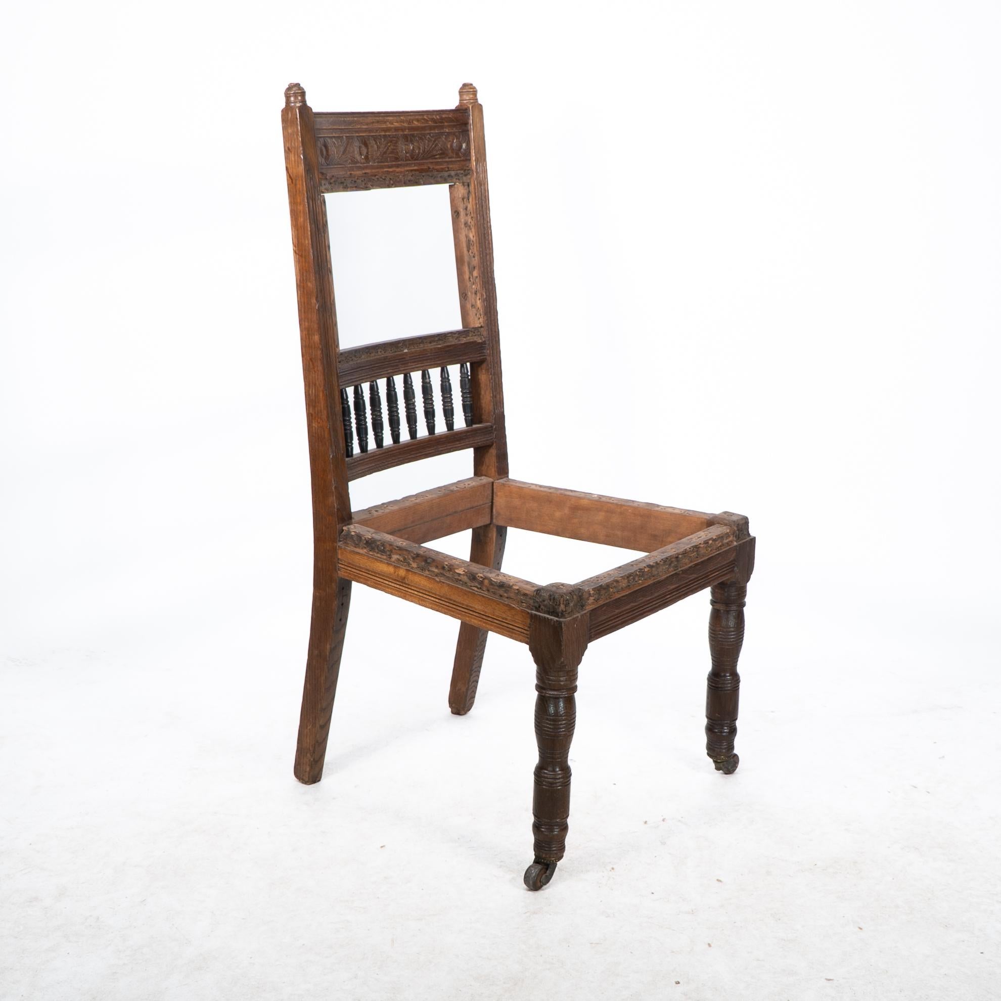 E W Godwin attr. A pair of Aesthetic Movement oak dining chairs ready upholstery For Sale 7