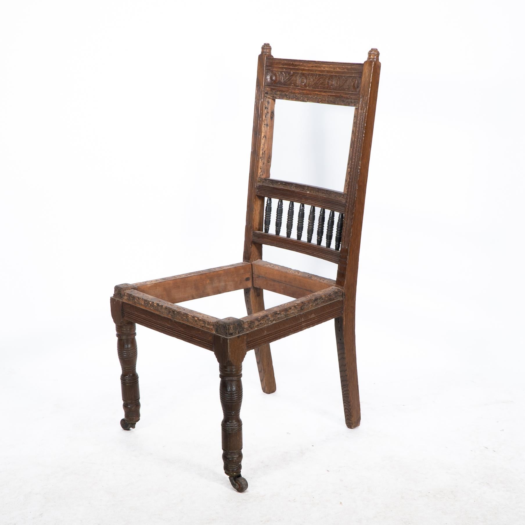E W Godwin attr. A pair of Aesthetic Movement oak dining chairs ready upholstery For Sale 9