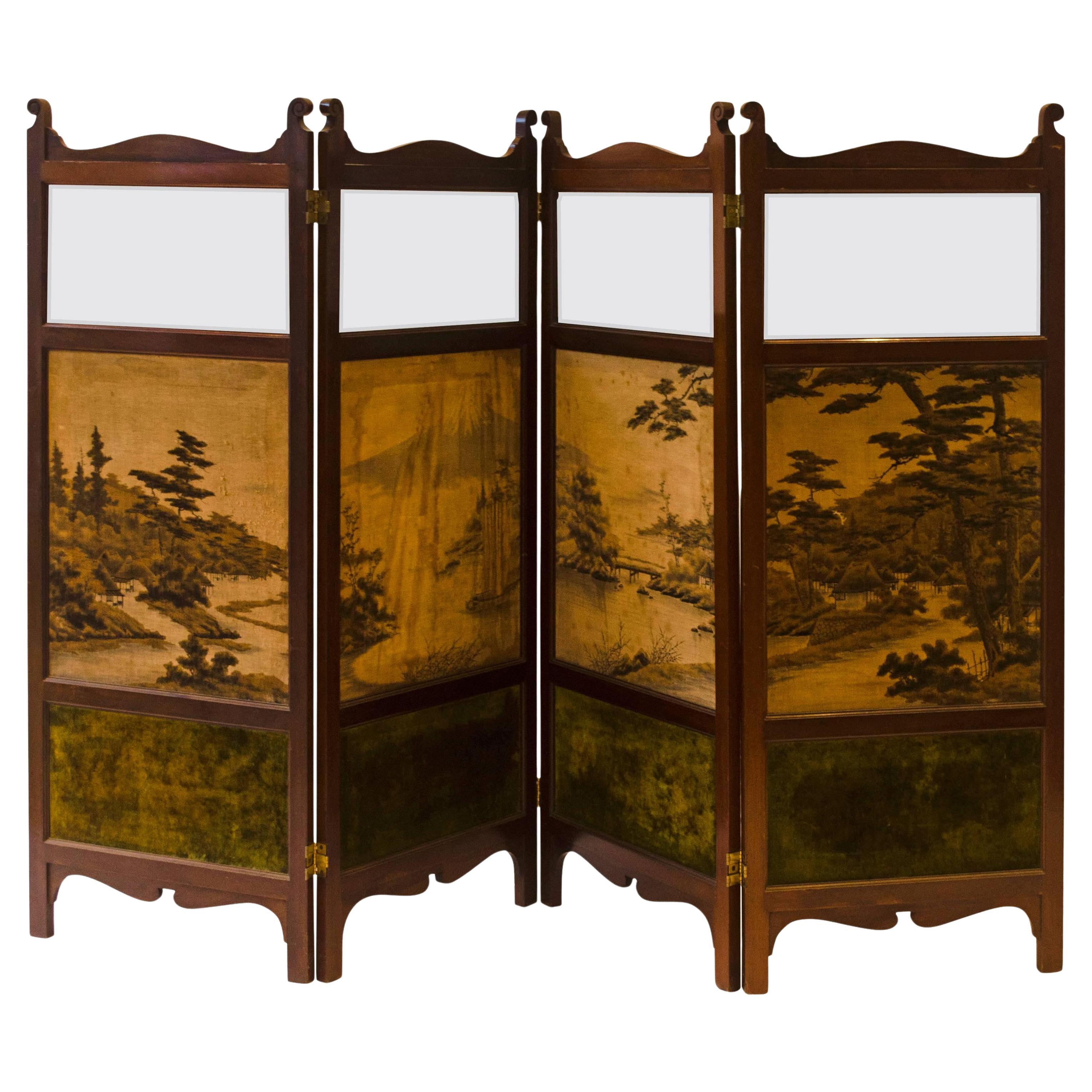 E. W. Godwin, Attri An Anglo-Japanese Four-Fold Screen With Japanese Silk Scenes en venta