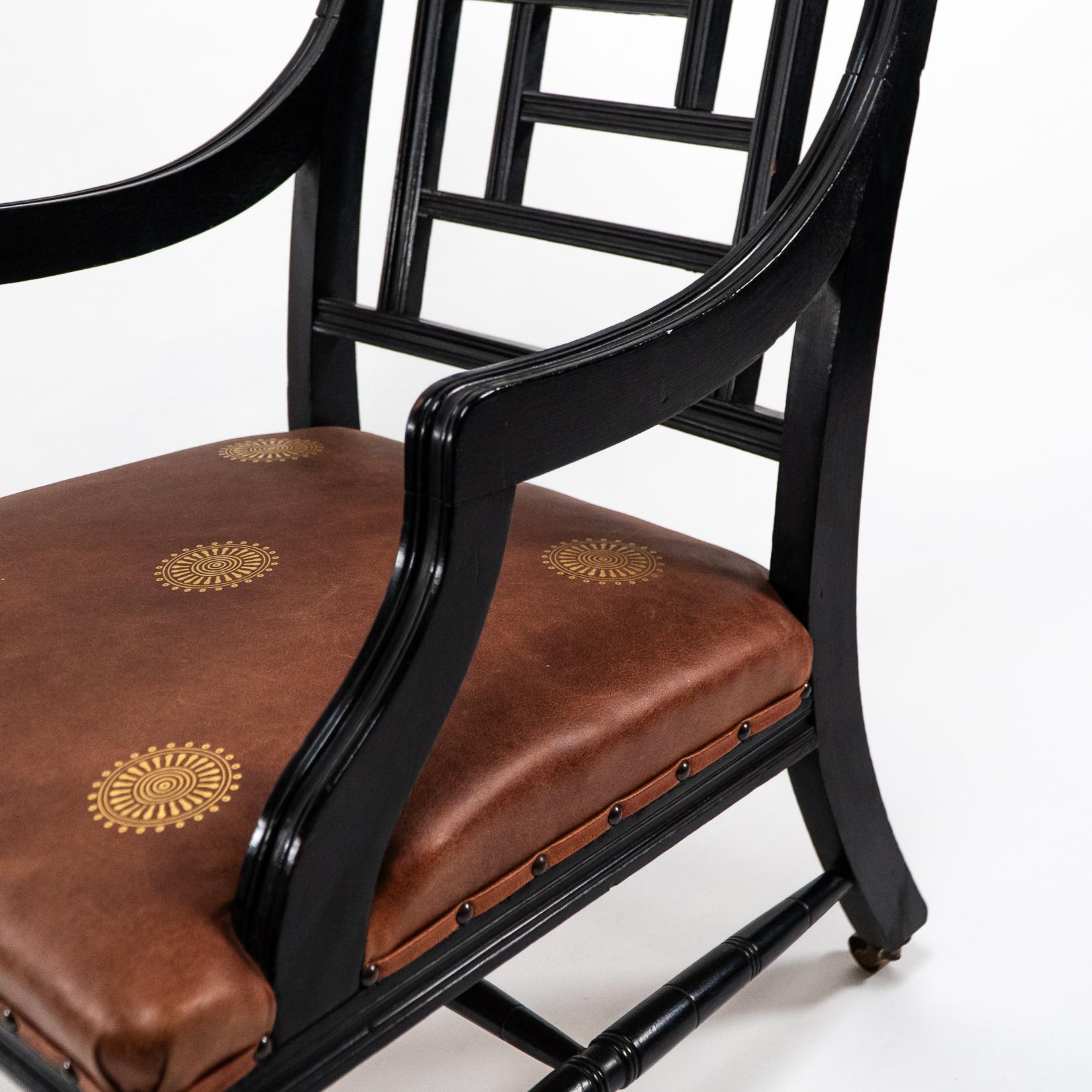 E. W. Godwin, attri. Two Anglo-Japanese Aesthetic Movement Ebonized Armchairs For Sale 3