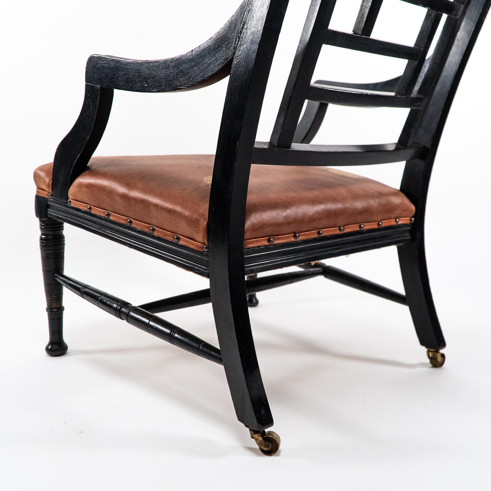 E. W. Godwin, attri. Two Anglo-Japanese Aesthetic Movement Ebonized Armchairs For Sale 6