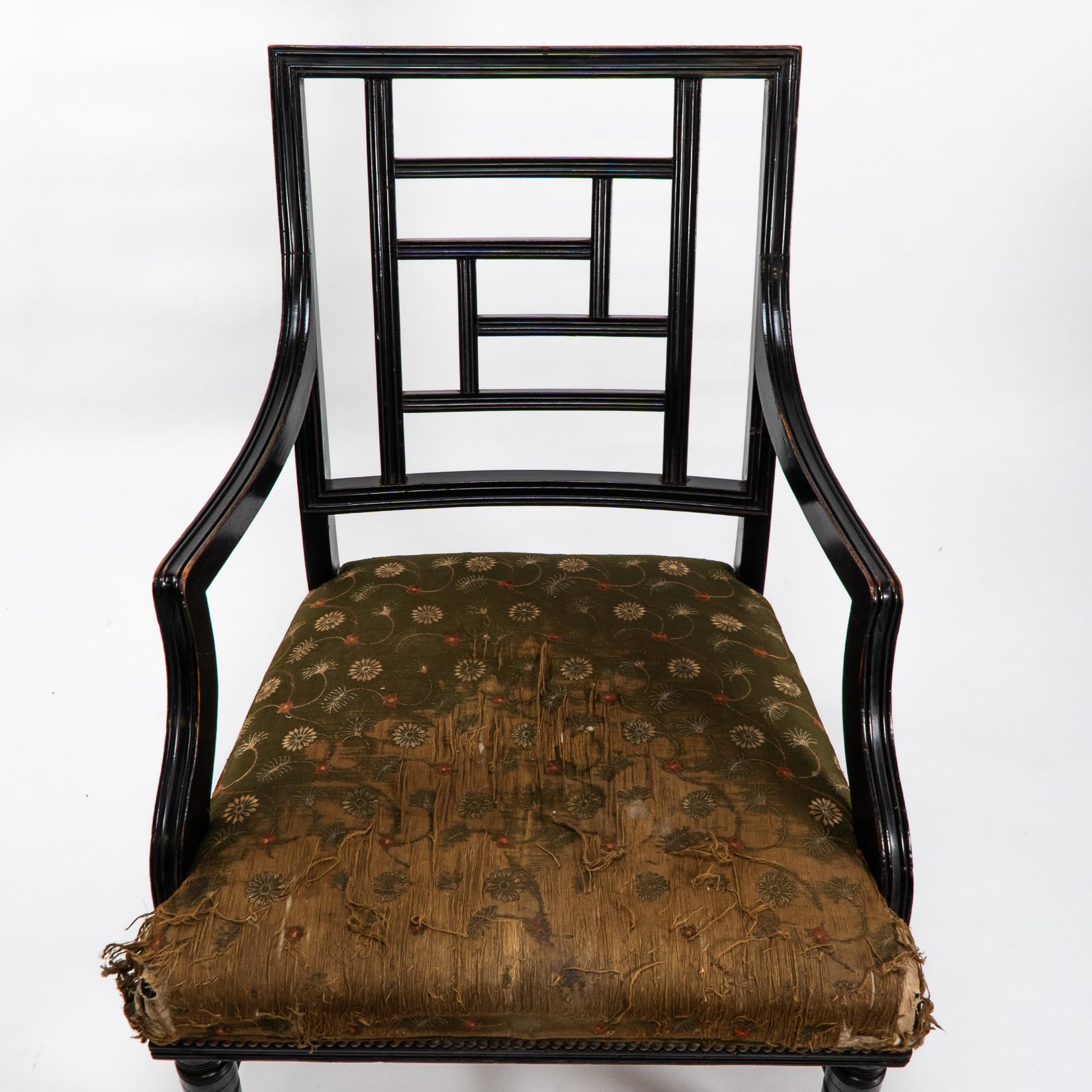 E. W. Godwin, attri. Two Anglo-Japanese Aesthetic Movement Ebonized Armchairs For Sale 8