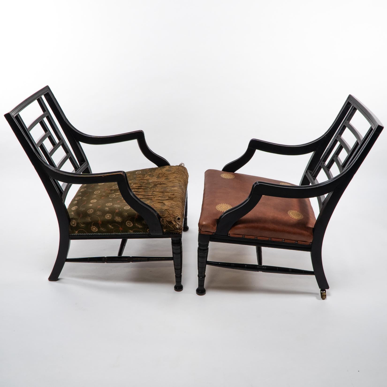 British E. W. Godwin, attri. Two Anglo-Japanese Aesthetic Movement Ebonized Armchairs For Sale