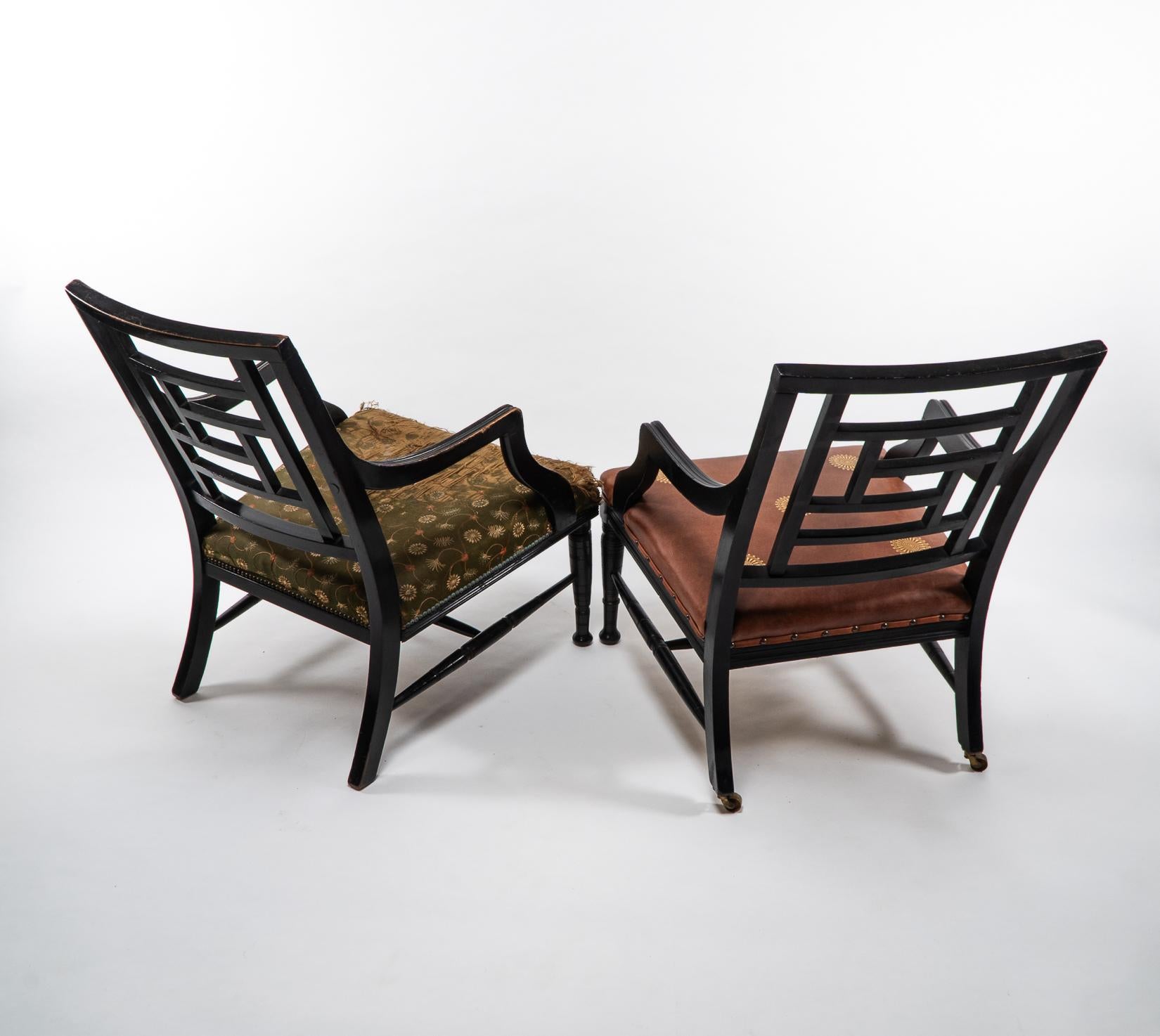 Hand-Crafted E. W. Godwin, attri. Two Anglo-Japanese Aesthetic Movement Ebonized Armchairs For Sale
