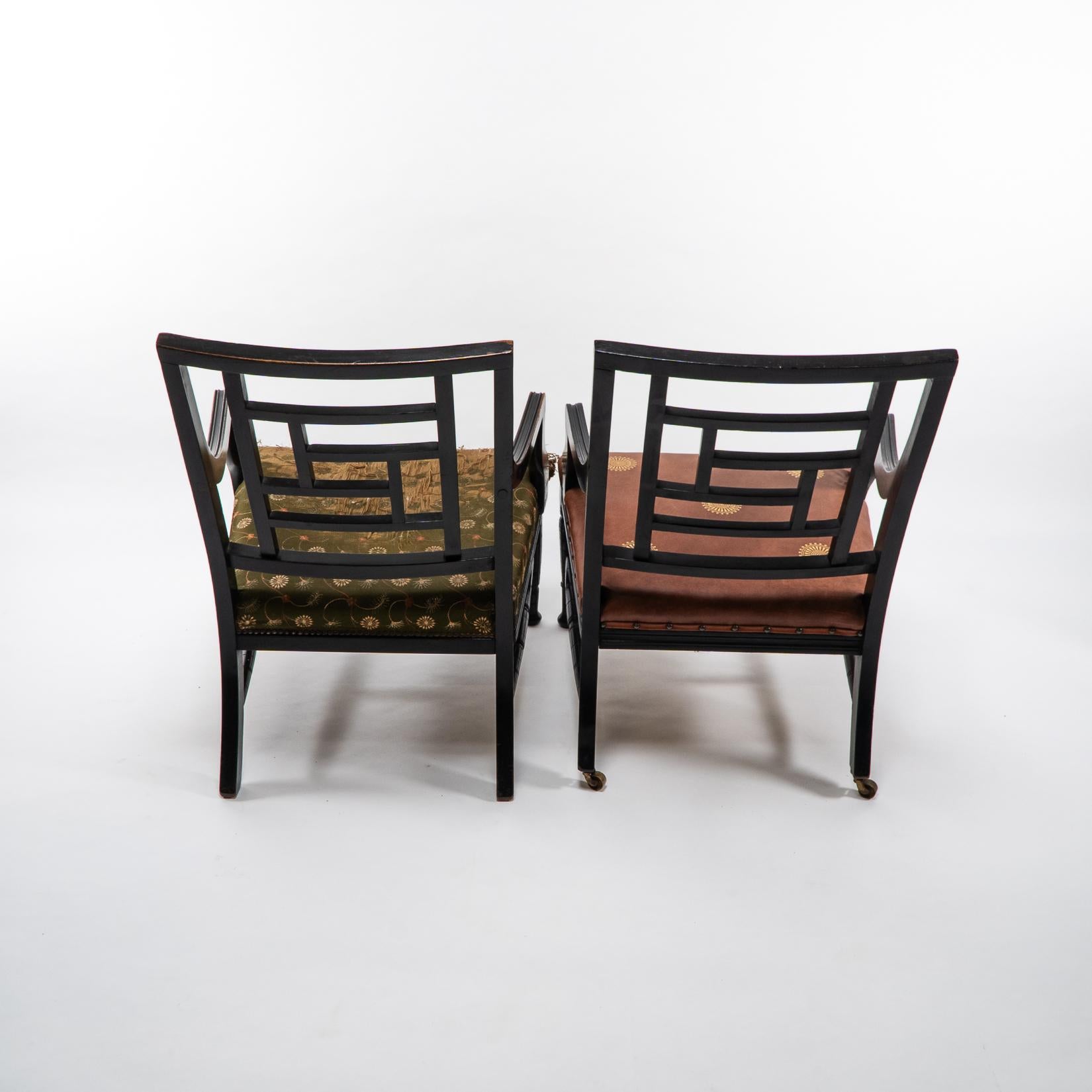 E. W. Godwin, attri. Two Anglo-Japanese Aesthetic Movement Ebonized Armchairs In Good Condition For Sale In London, GB