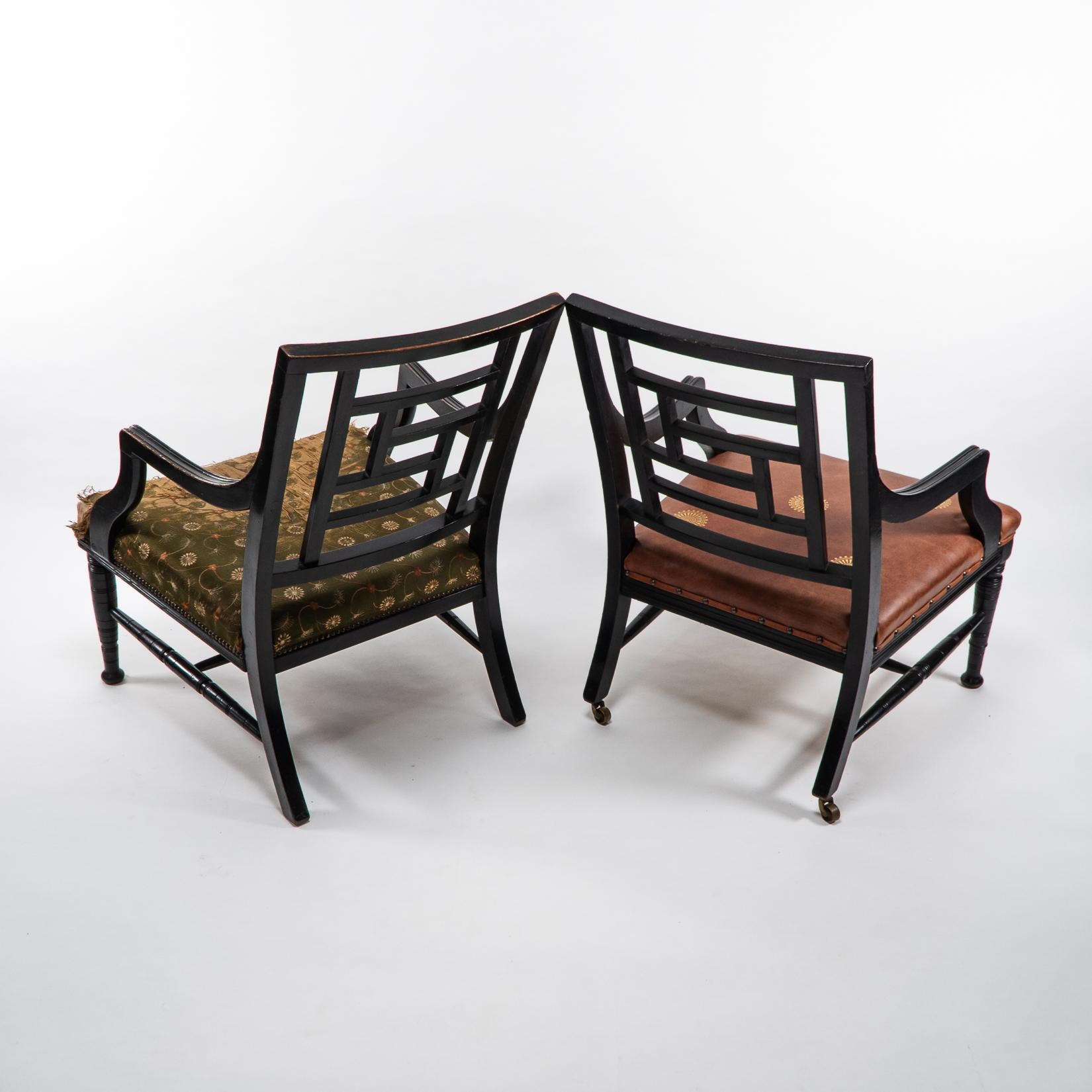 19th Century E. W. Godwin, attri. Two Anglo-Japanese Aesthetic Movement Ebonized Armchairs For Sale