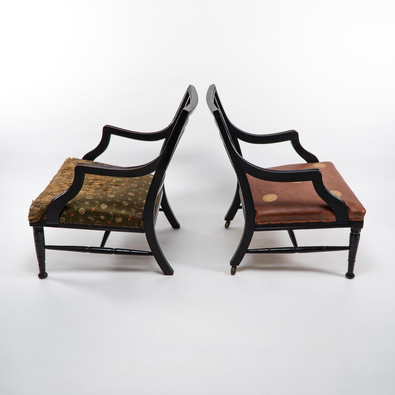 Walnut E. W. Godwin, attri. Two Anglo-Japanese Aesthetic Movement Ebonized Armchairs For Sale
