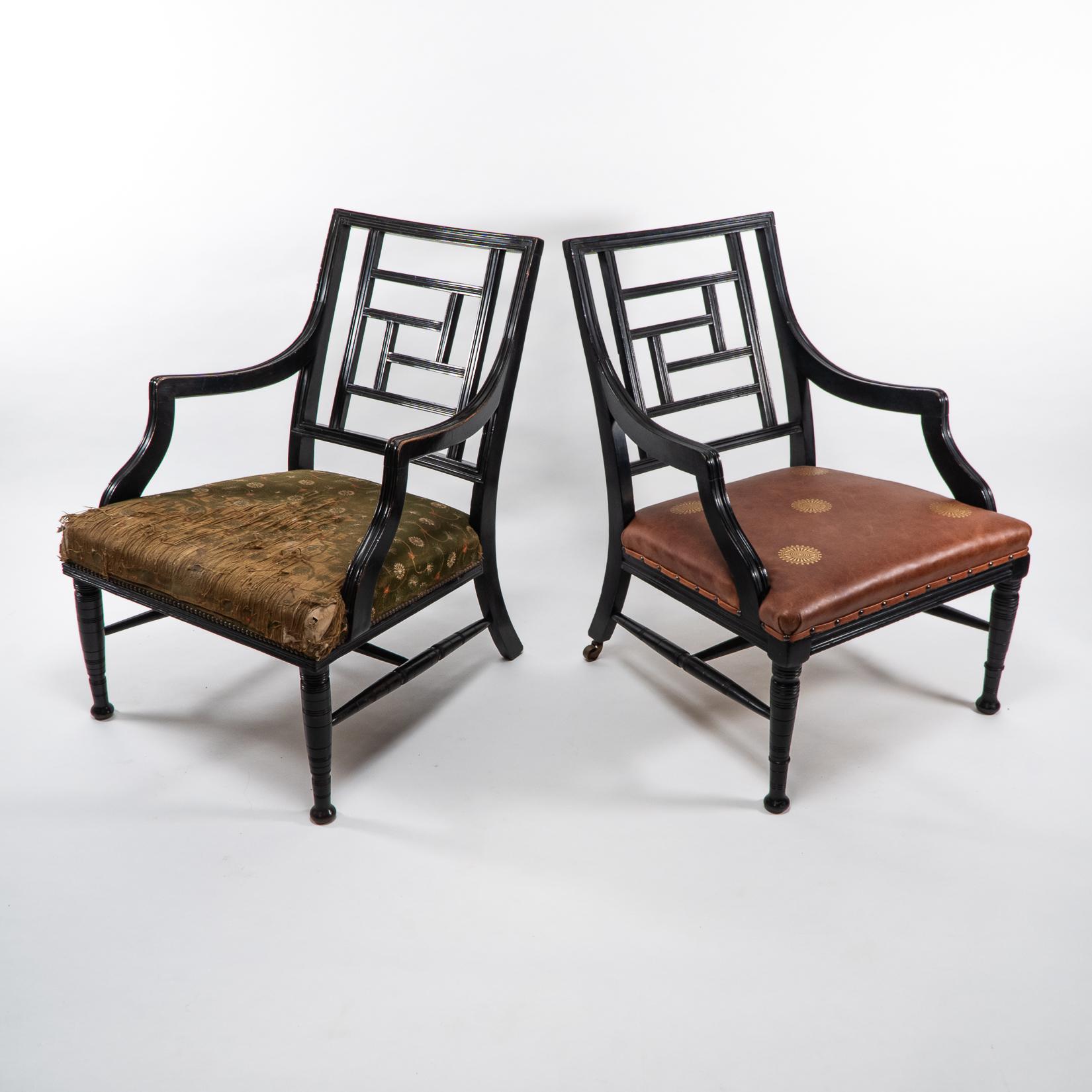 E. W. Godwin, attri. Two Anglo-Japanese Aesthetic Movement Ebonized Armchairs For Sale 1