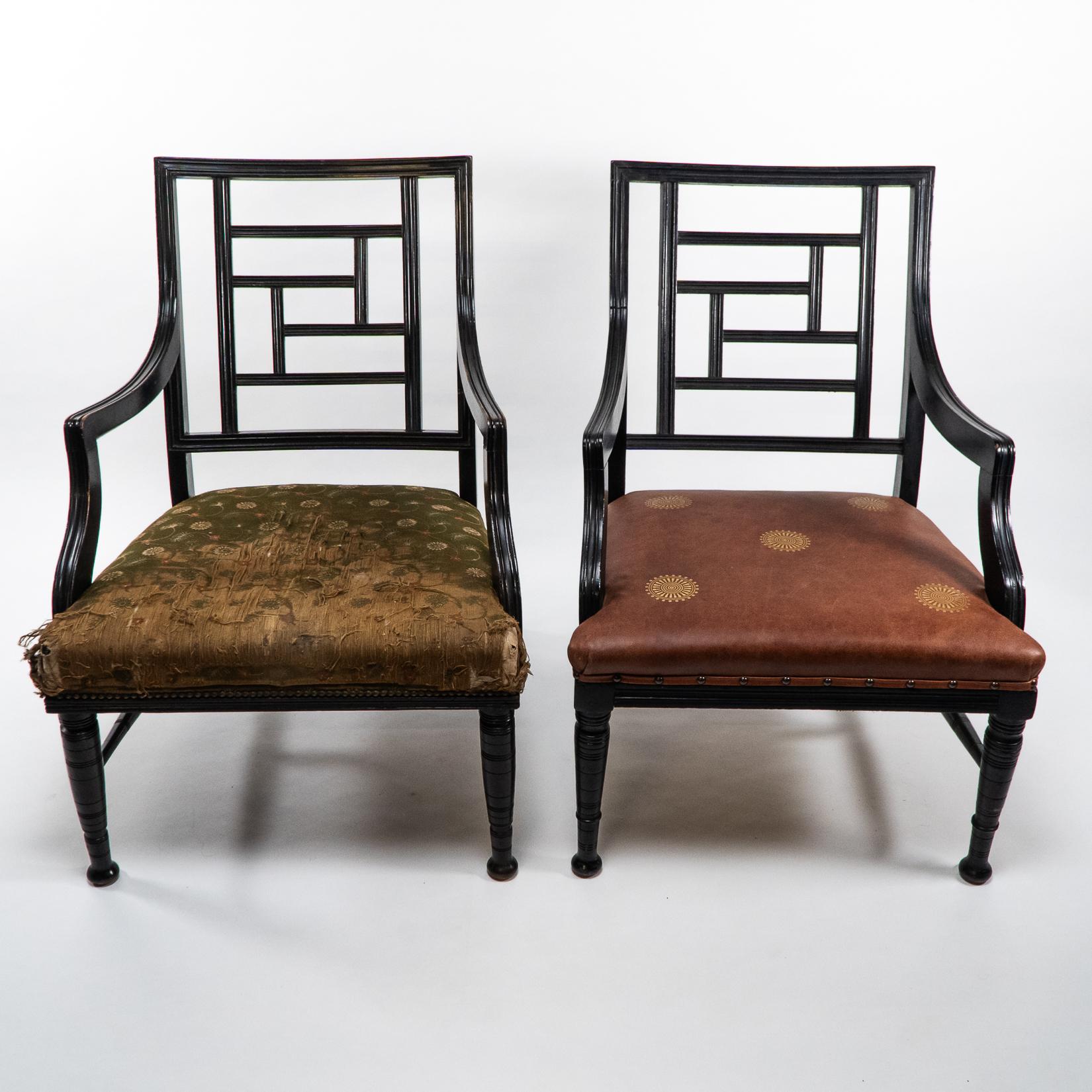 E. W. Godwin, attri. Two Anglo-Japanese Aesthetic Movement Ebonized Armchairs