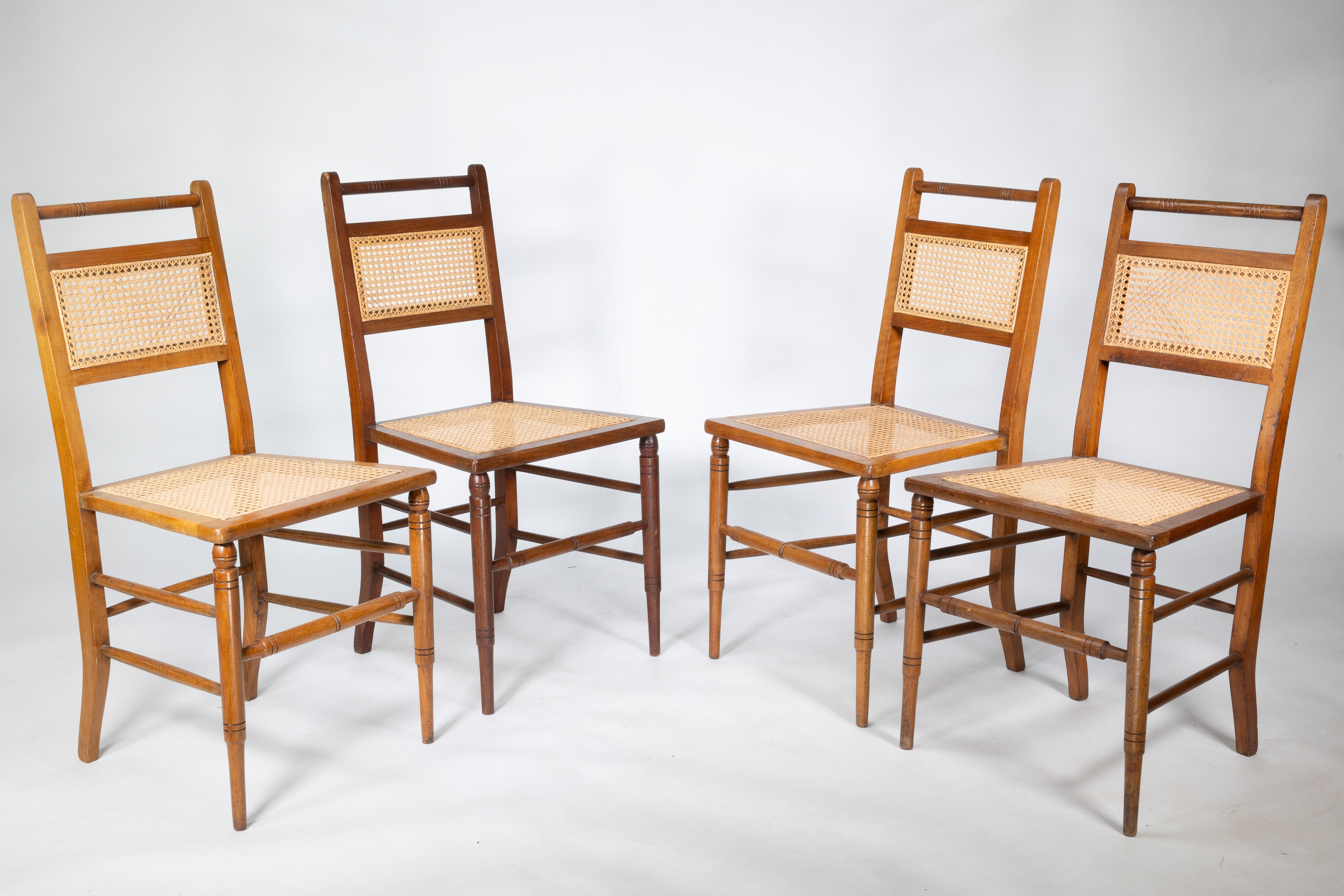 Edward William Godwin (attributed), a set of four Anglo-Japanese cane seat chairs, with incised turned details and Greek style front legs.

See Soros, Susan Weber, 'The Secular Furniture of E.W. Godwin,' p. 88, illus 107 and p.96 illus 115 for