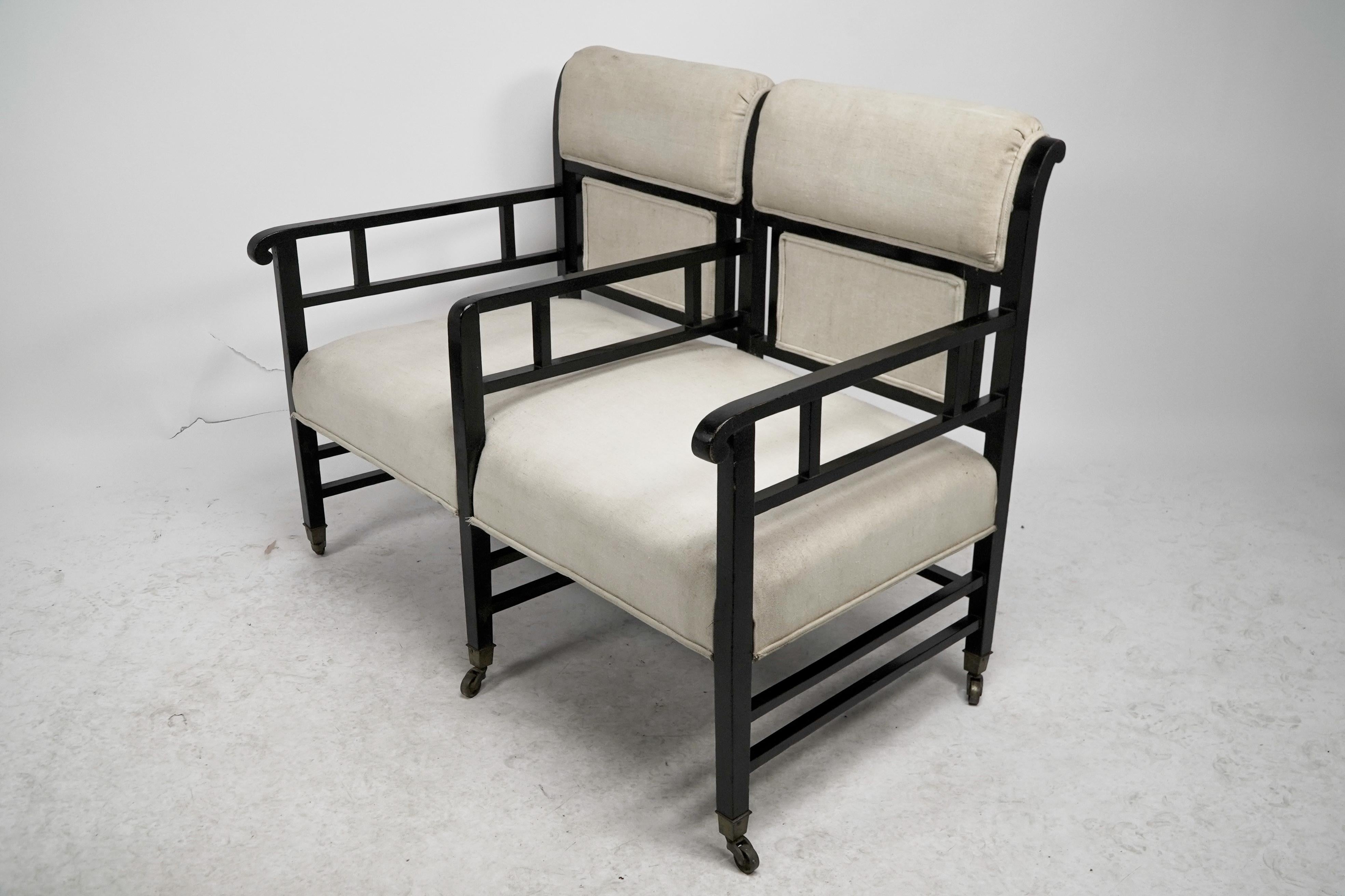 Ebonized E W Godwin (attributed). An Anglo-Japanese ebonized duet or conversation settee. For Sale