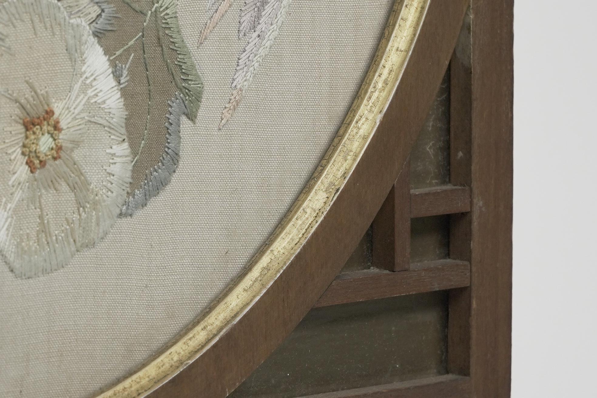 E W Godwin style. An Anglo-Japanese fire screen with a Japanese silk embroidery. For Sale 5