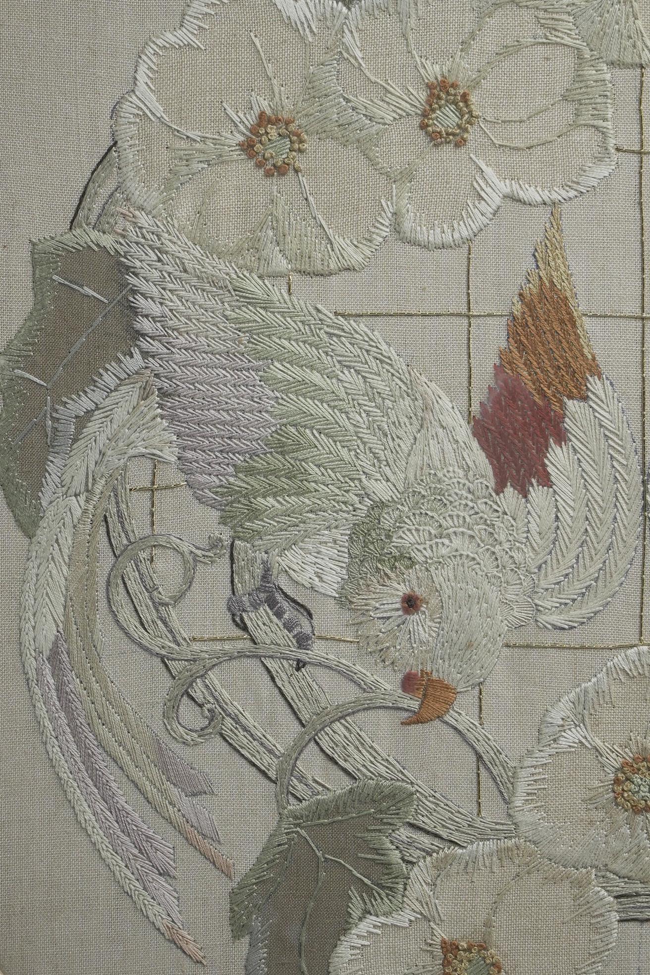 E W Godwin style. An Anglo-Japanese fire screen with a Japanese silk embroidery. For Sale 6
