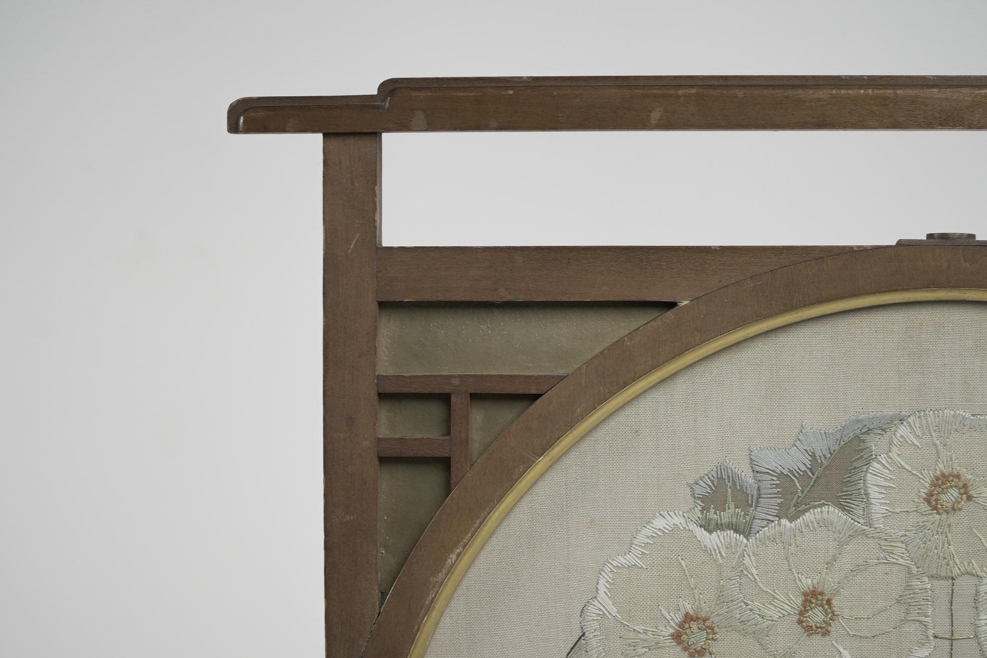English E W Godwin style. An Anglo-Japanese fire screen with a Japanese silk embroidery. For Sale