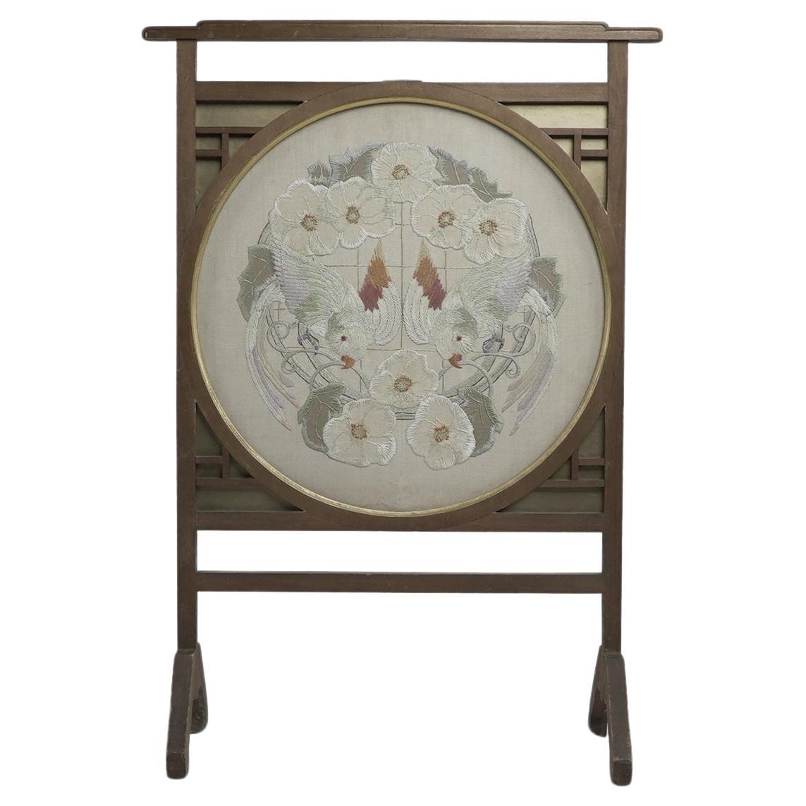 E W Godwin style. An Anglo-Japanese fire screen with a Japanese silk embroidery. For Sale