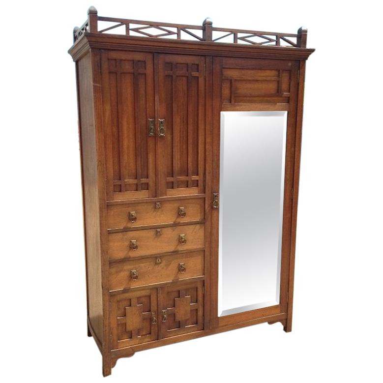 E W Godwin Style of, an Anglo-Japanese Walnut Double Armoire Wardrobe Compactum For Sale