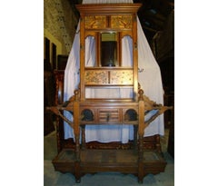 E W Godwin Style of, Anglo-Japanese Oak Hall Stand with Songbirds on Blossoms