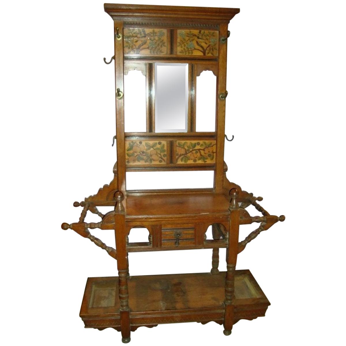 E W Godwin Style of, Anglo-Japanese Oak Hall Stand with Songbirds on Blossoms