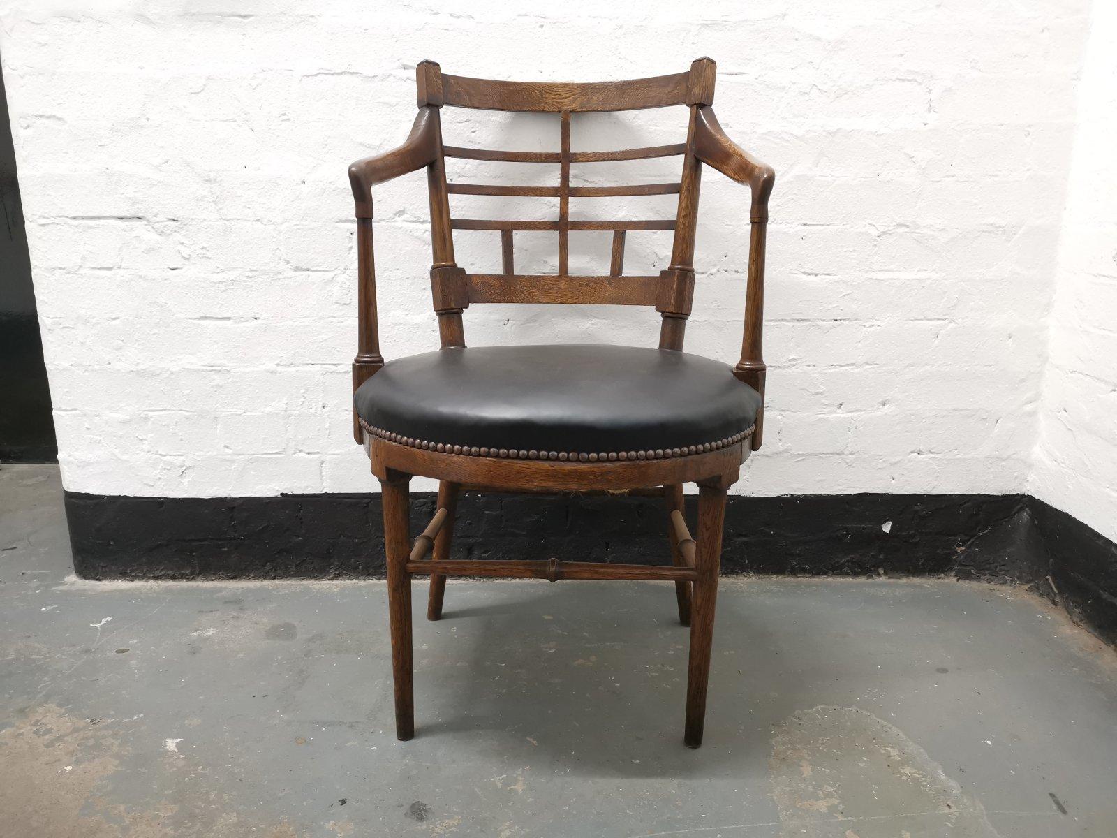 After a design by E W Godwin.
An Aesthetic Movement OAK armchair originally named,' A Jacobean or Old English Armchair '.
Probably made by Collier and Plunkett or James Peddle. See Susan Weber Soros page 256.
Circa 1880's.